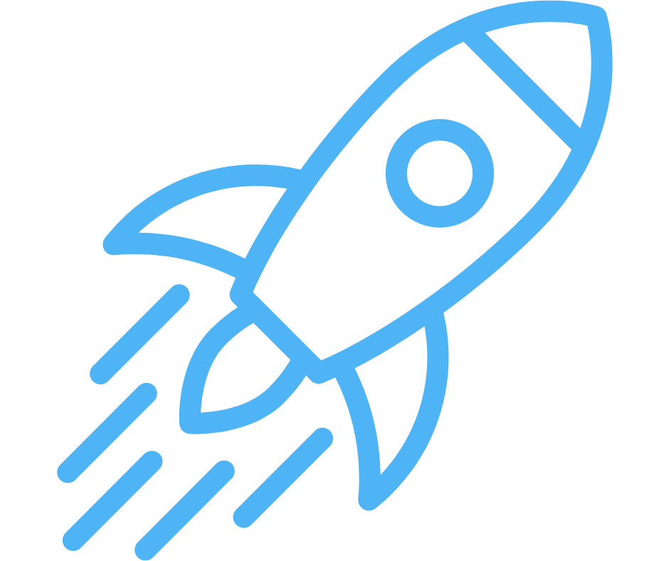 Blue line drawing of a rocket taking off with smoke trails against a black background.