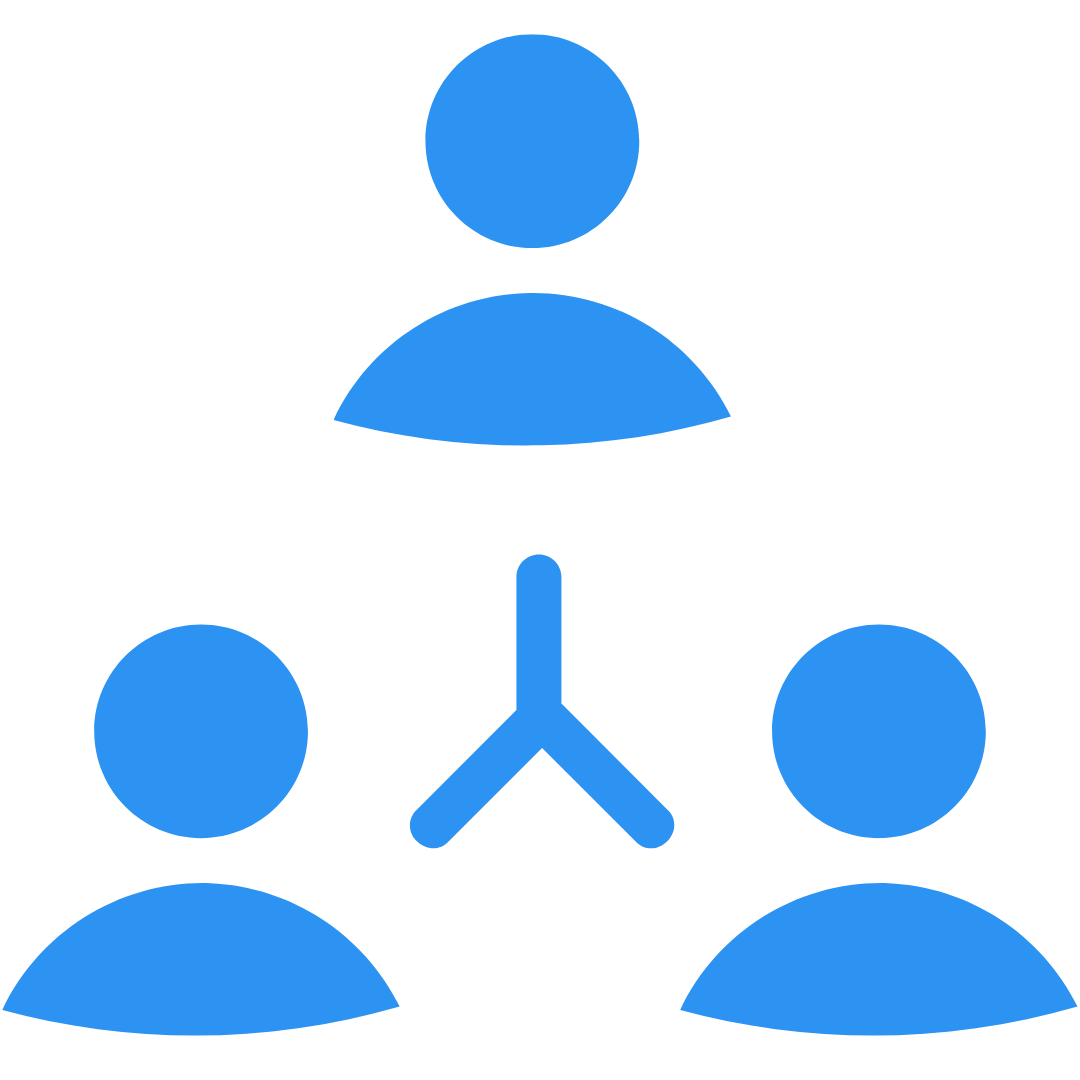 Simplified blue icon of three people connected with a circumferential line, representing teamwork or a collaborative network.