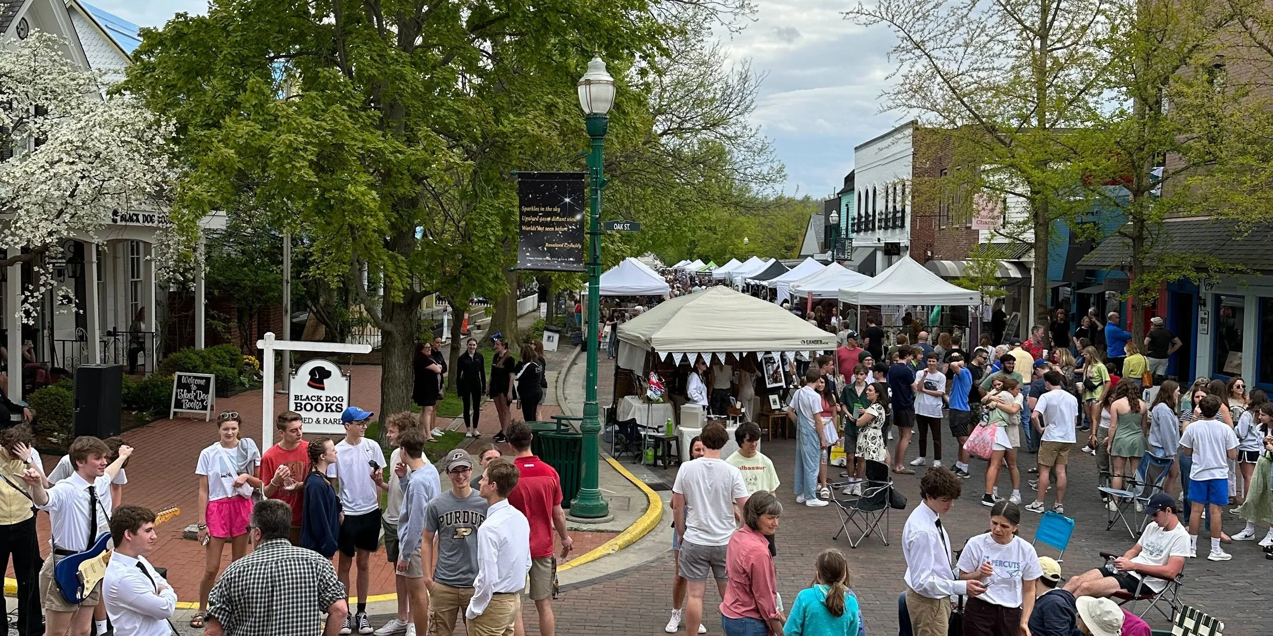 Street festival with people walking, shopping at market stalls, and sitting in chairs, surrounded by trees and buildings.