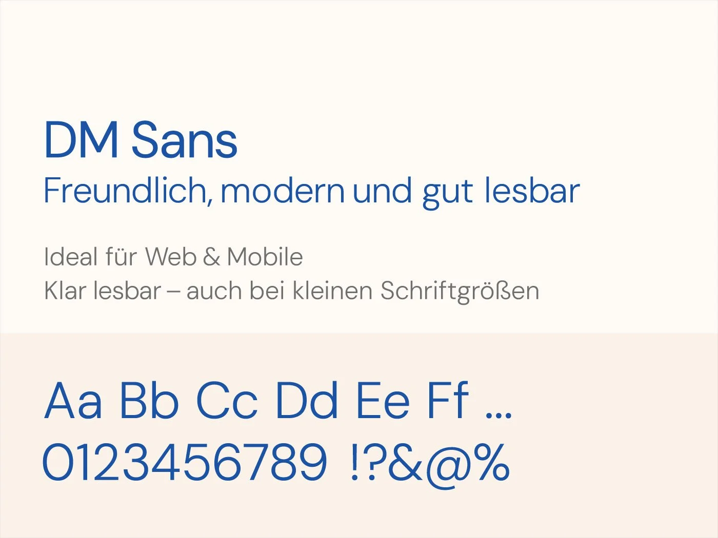 Produktbild einer Schriftart namens DM Sans, mit Beispielbuchstaben, Zahlen und Symbolen, aufgeteilt in zwei Farbbereiche, hell oben, beige unten. Enthält Produktmerkmale wie modern, freundlich, gut lesbar, ideal für Web & Mobile, auch bei kleinen Schriftgrößen.