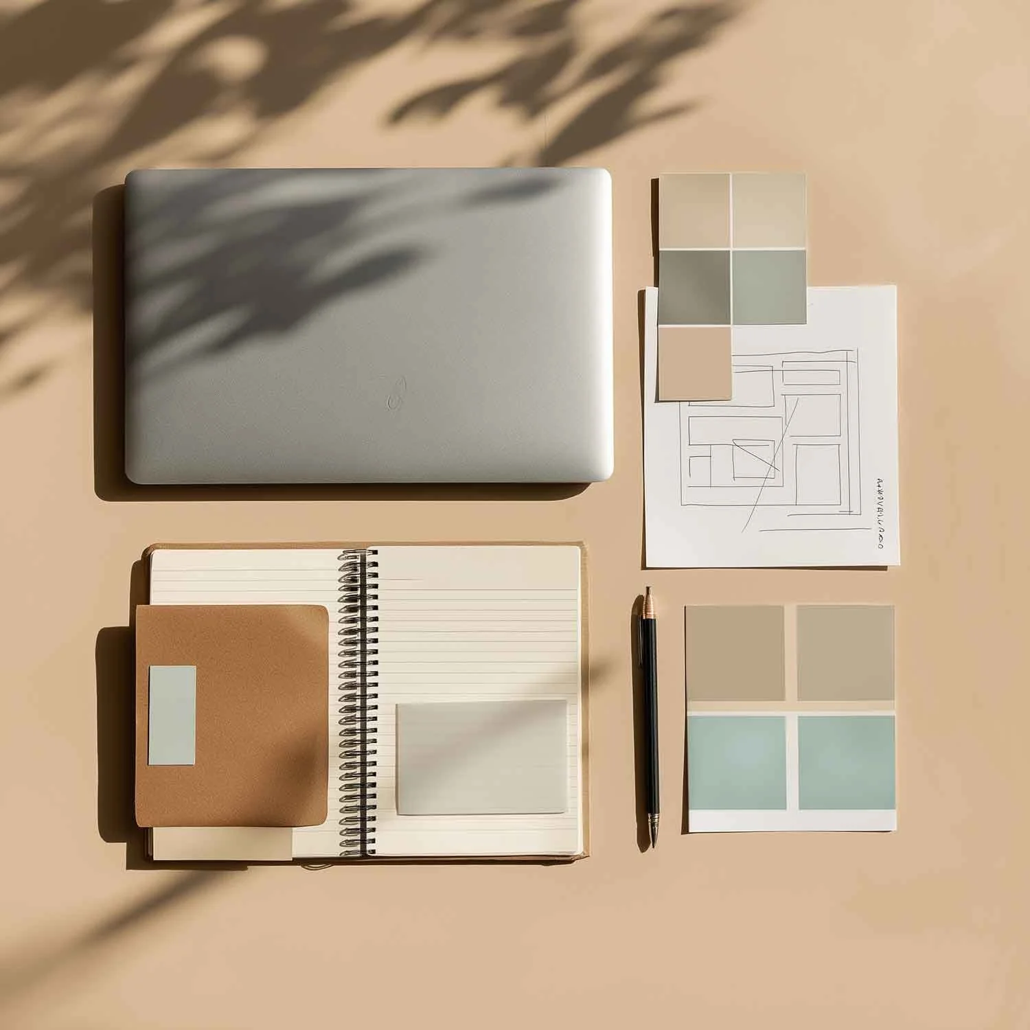 Flatlay mit Laptop, Notizbuch, Farbmustern und Skizze – Symbolbild für das Designpaket „Neu geführt“ für Praxisübernahmen