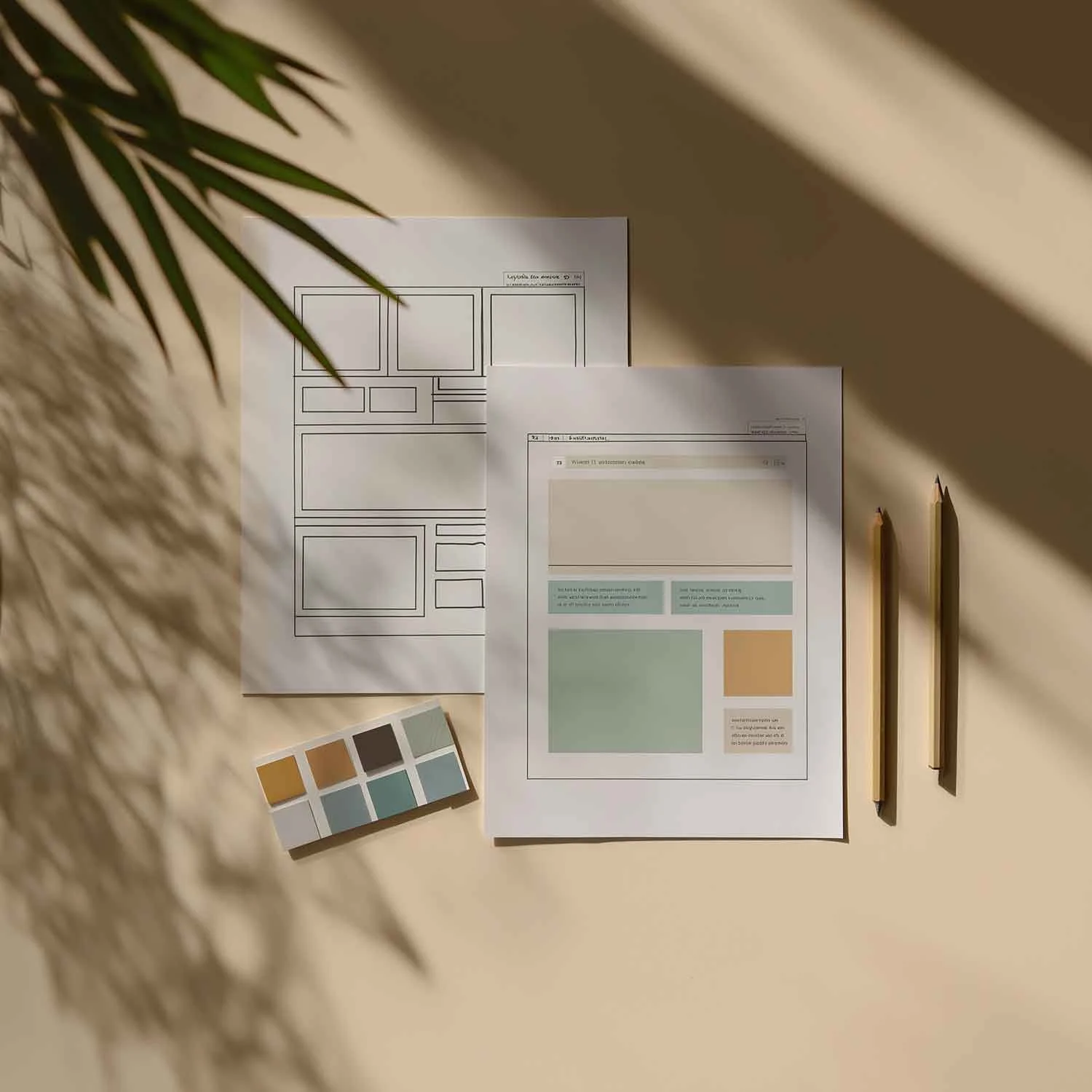 Flatlay mit Website-Skizzen, Farbpalette und Stiften – Symbolbild für das Paket „Relaunch“ zur Neugestaltung etablierter Zahnarztpraxen