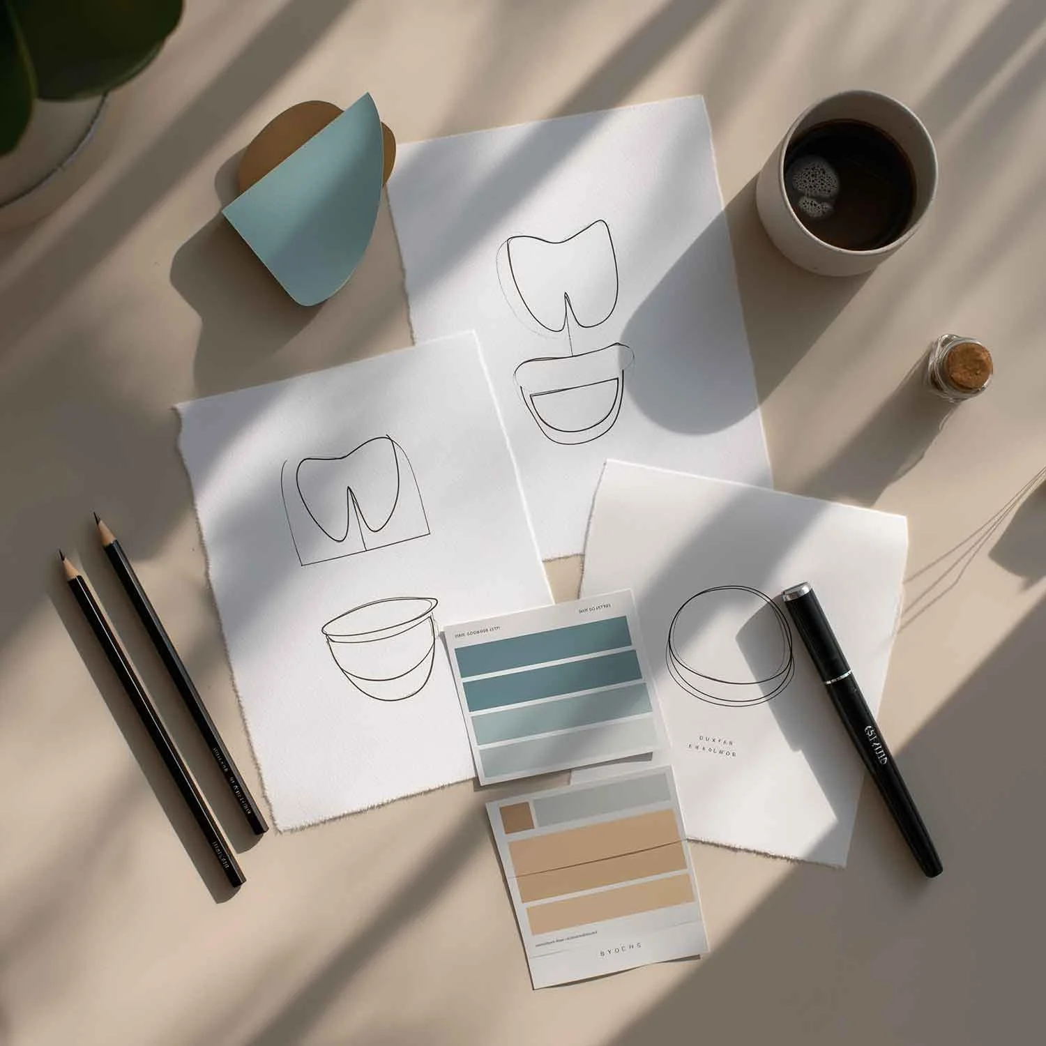 Skizzenblätter mit Logo-Ideen, Farbkarten und Stiften auf hellem Untergrund – Symbolbild für das Logo-Design-Paket für Zahnarztpraxen