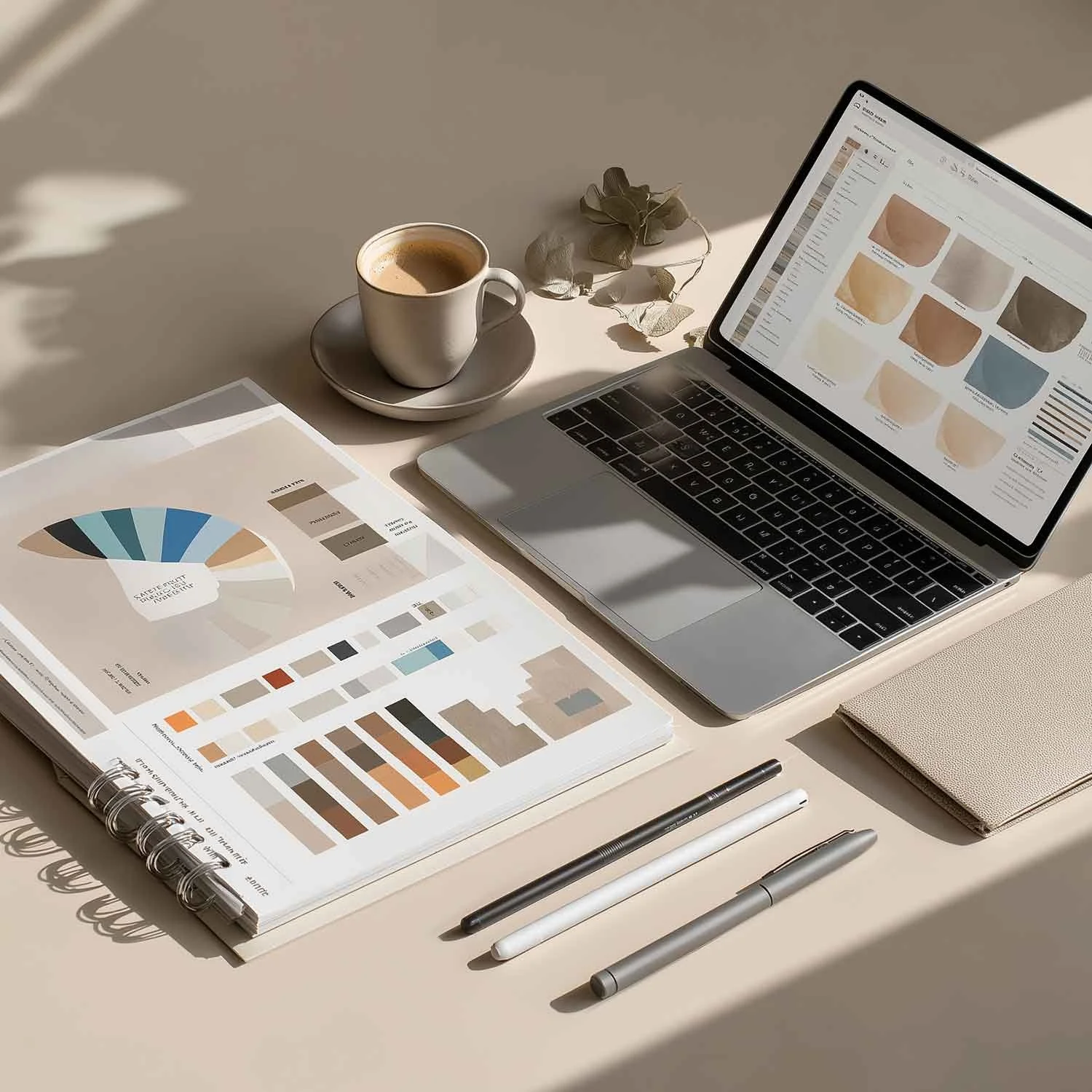 Offenes Farbmusterbuch und Laptop mit Styleguide-Ansicht auf hellem Schreibtisch – Symbolbild für das Mini-Corporate-Design-Paket für Zahnarztpraxen