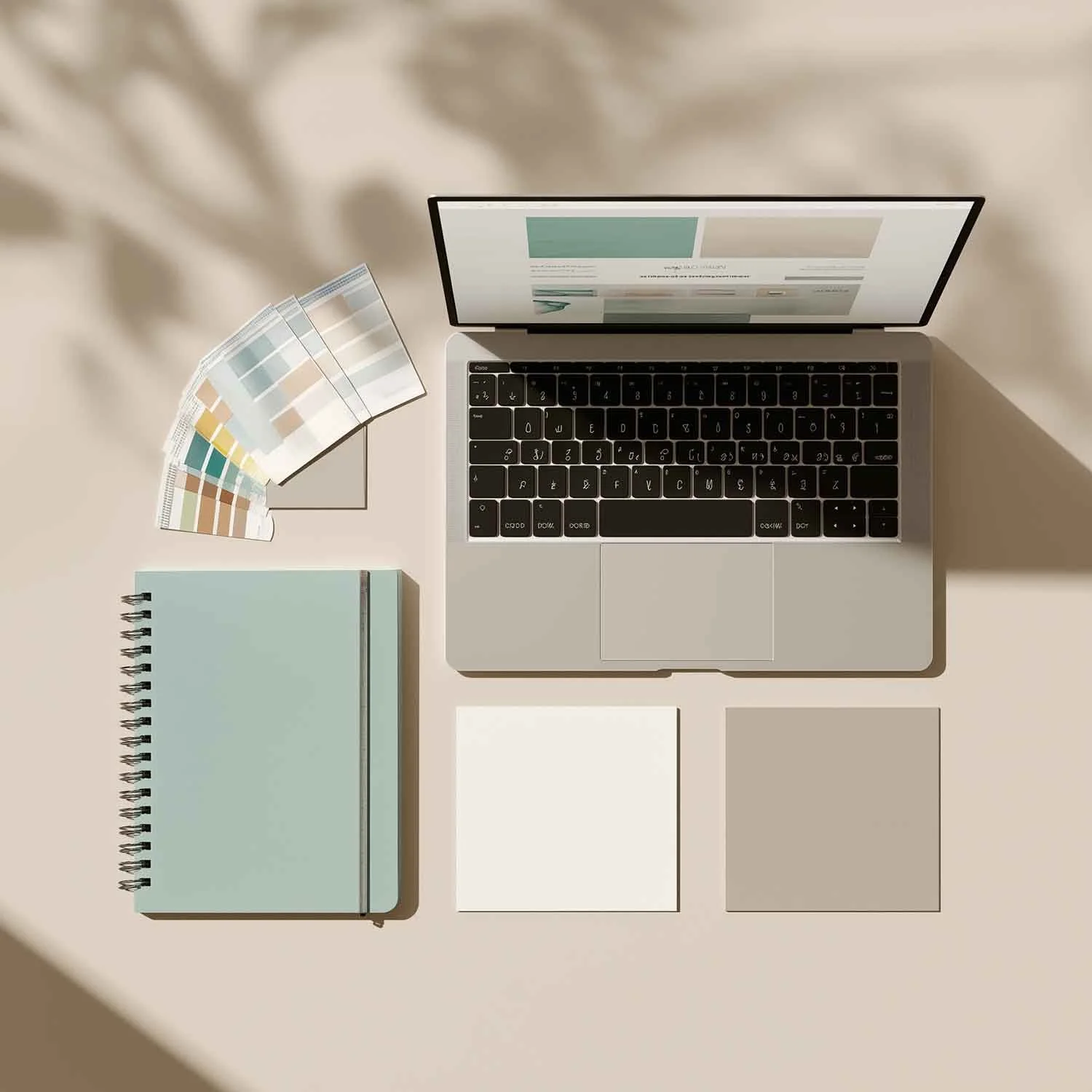 Flatlay mit Laptop, Farbfächern und Notizblöcken – Symbolbild für das Designpaket „Startklar“ für Praxisgründungen