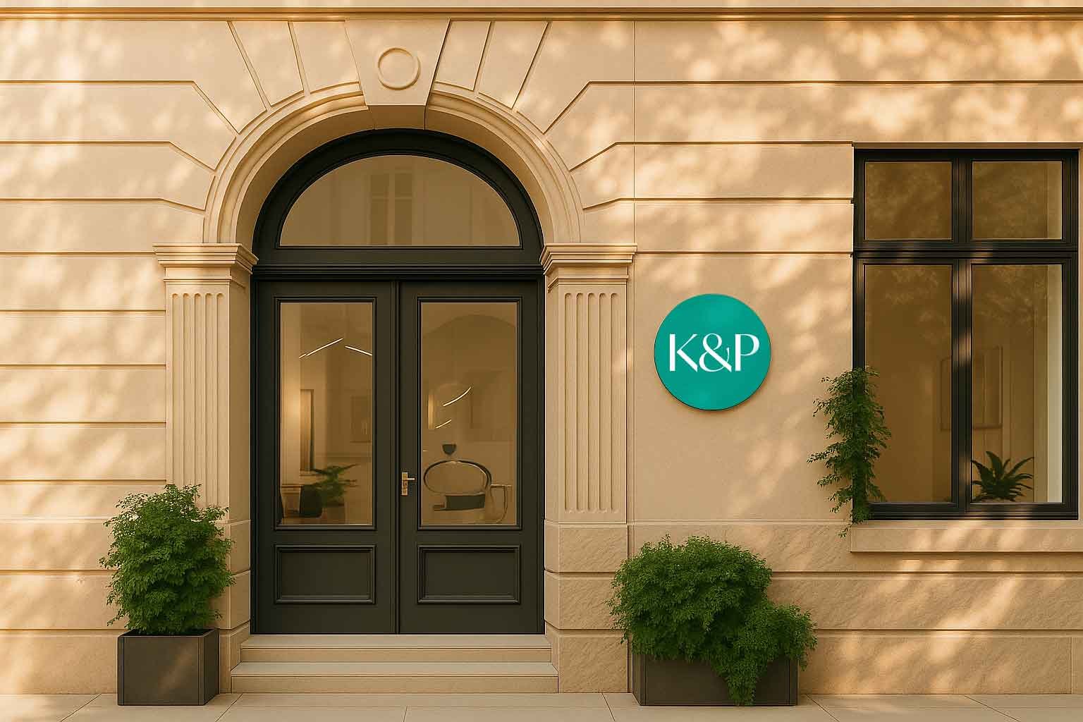 Praxisschild mit Logo „K&P“ an Hausfassade – Gestaltungselement des Corporate Designs für die Zahnarztpraxis Dr. Kaya & Partner