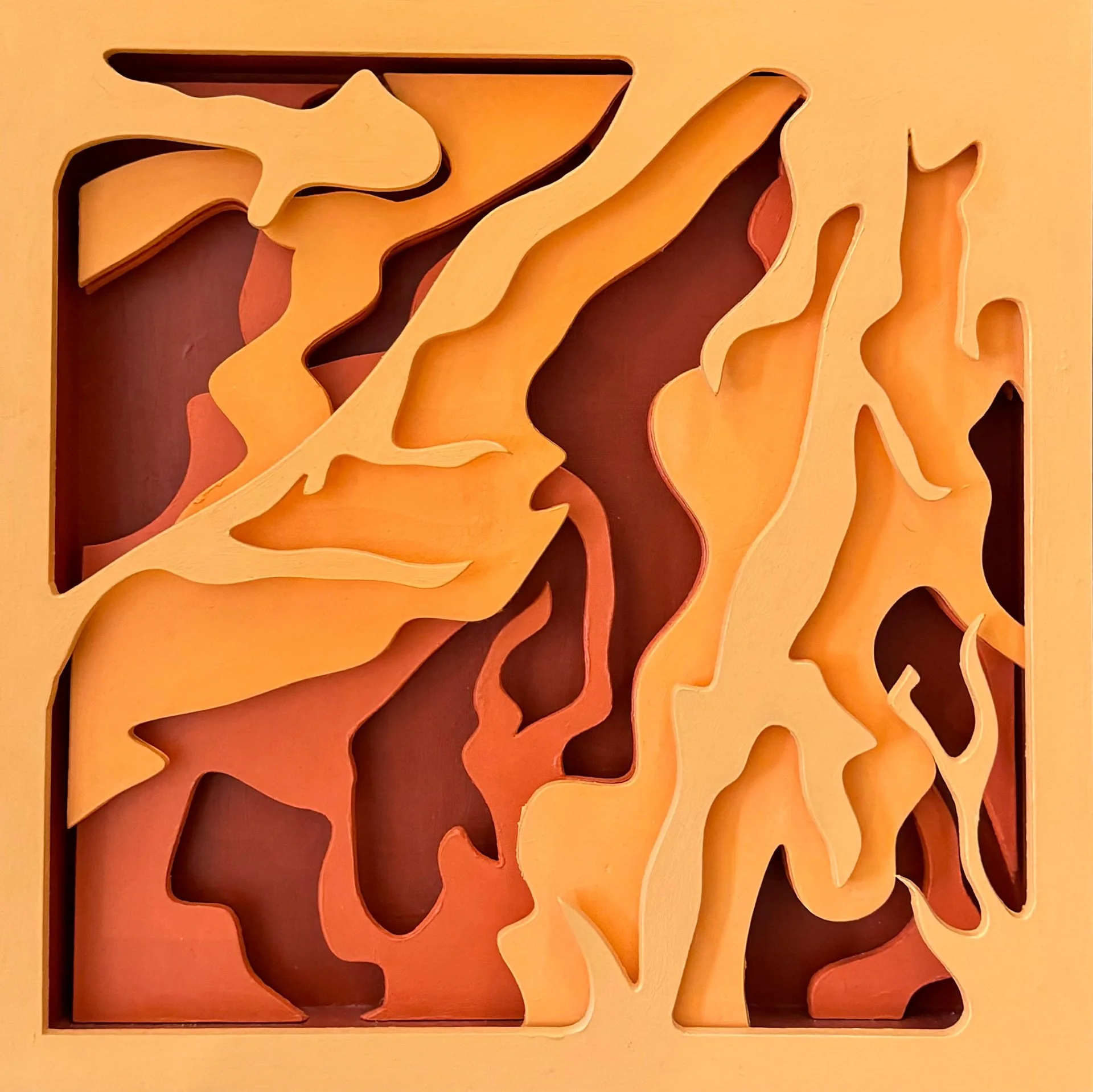 'The Sound of Oranges'
Dimensions: 14.5in x 14.5in x 1.5in
Materials: Acrylic Paint, Birtch wood
Process: 3D modeled and laser cut layers. Painted each layer with the two being inverse colors. Glued together with spacers.