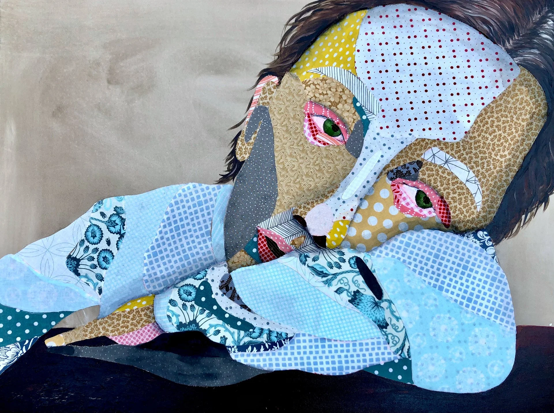 'I Piece Myself Together'
Dimensions: 18in x 24in
Materials: Wood stain, fabric glue, watercolor, and fabric scraps on wood panel