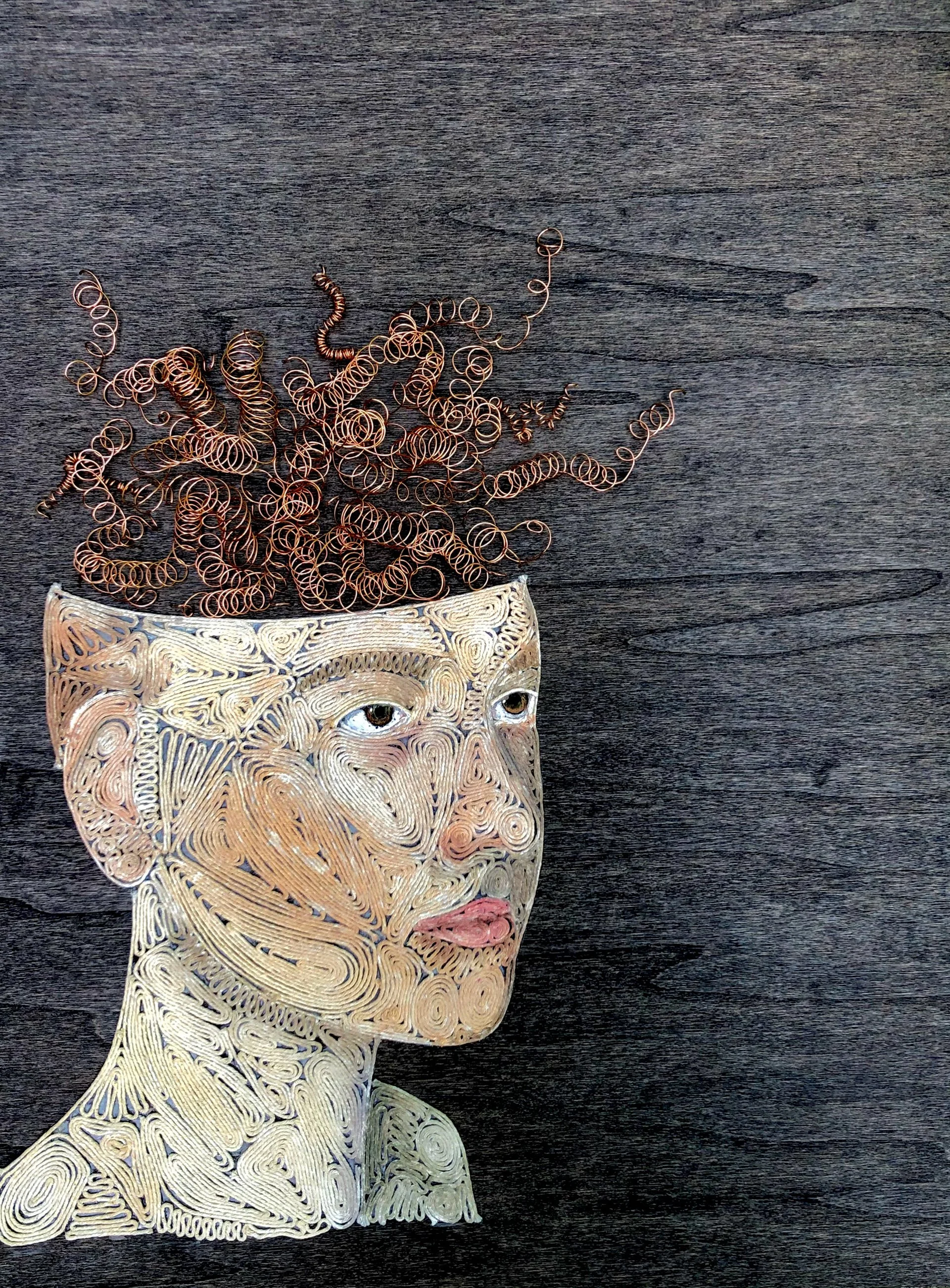 'Tangled Thoughts'
Dimensions: 24in x 18in
Materials: Wood stain, cotton string, tacky glue, copper wire, and watercolor on wood panel