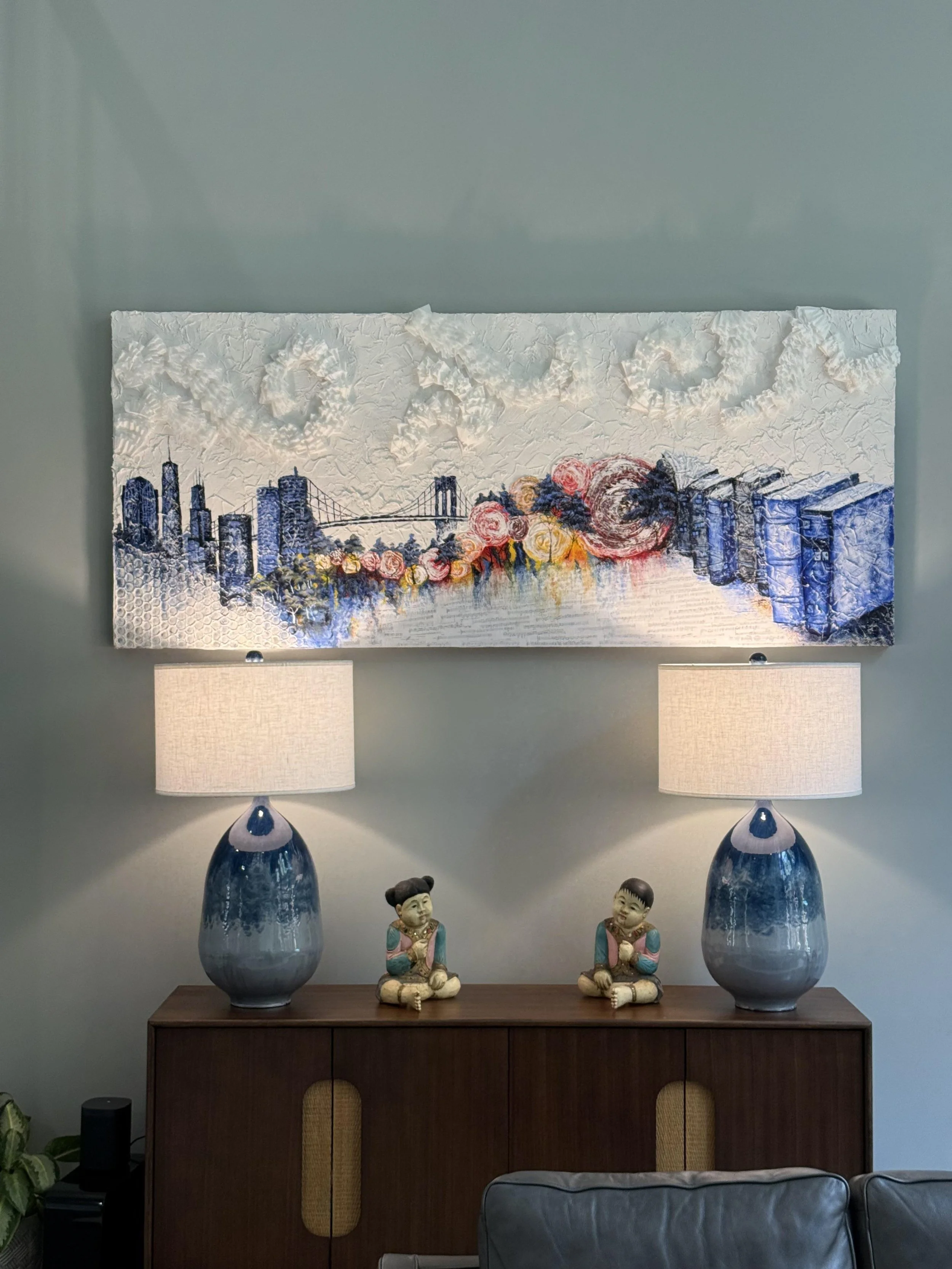 'Sounds of the City' (commission)
Dimensions: 7ft x 3ft
Materials: Acrylic Paint, coffee filters, modeling past, music sheets, and textured cotton paper on wood panel