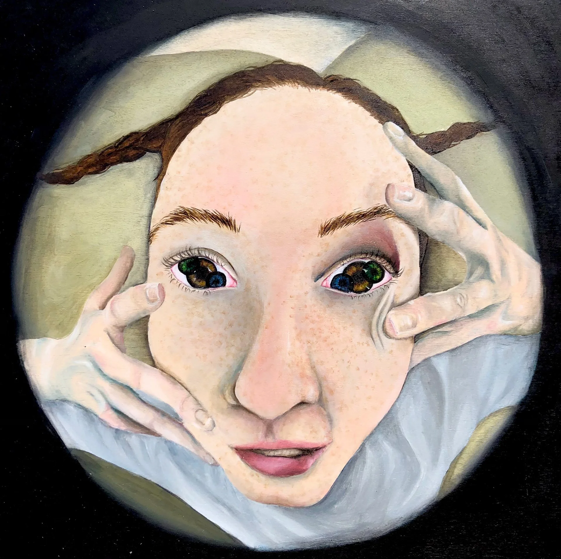 'Fish Eyes'
Dimensions: 16in x 16in
Materials: Acrylic paint, and fluid acrylic paint on wood panel