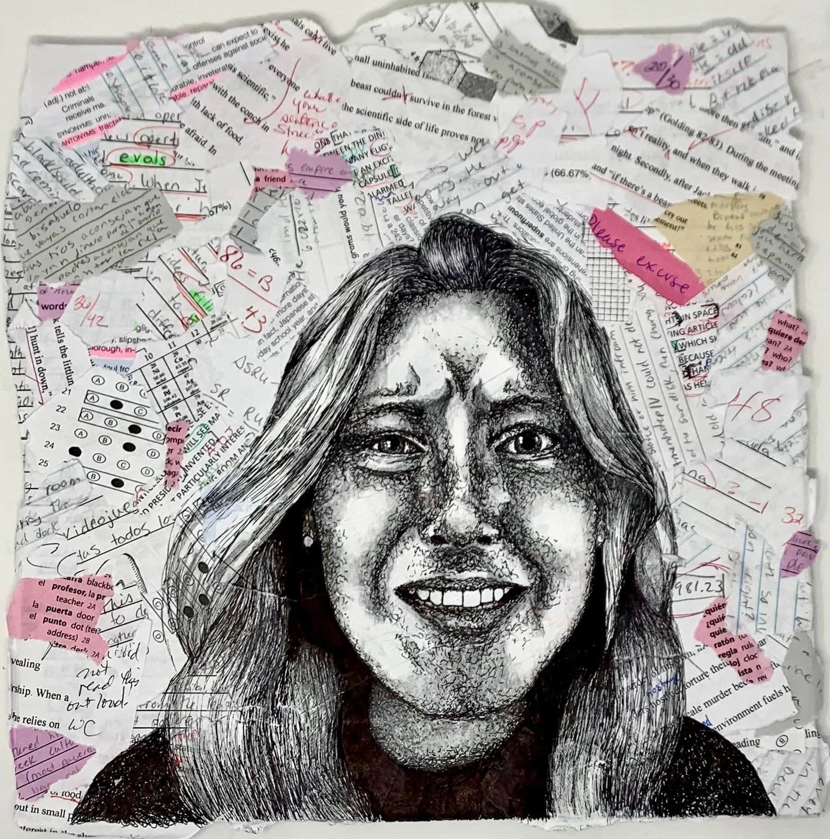 'Overworked'
Dimensions: 12in x 12in
Materials: My old school papers, gesso, mod podge glue, black pen, and charcoal pencil on canvas board