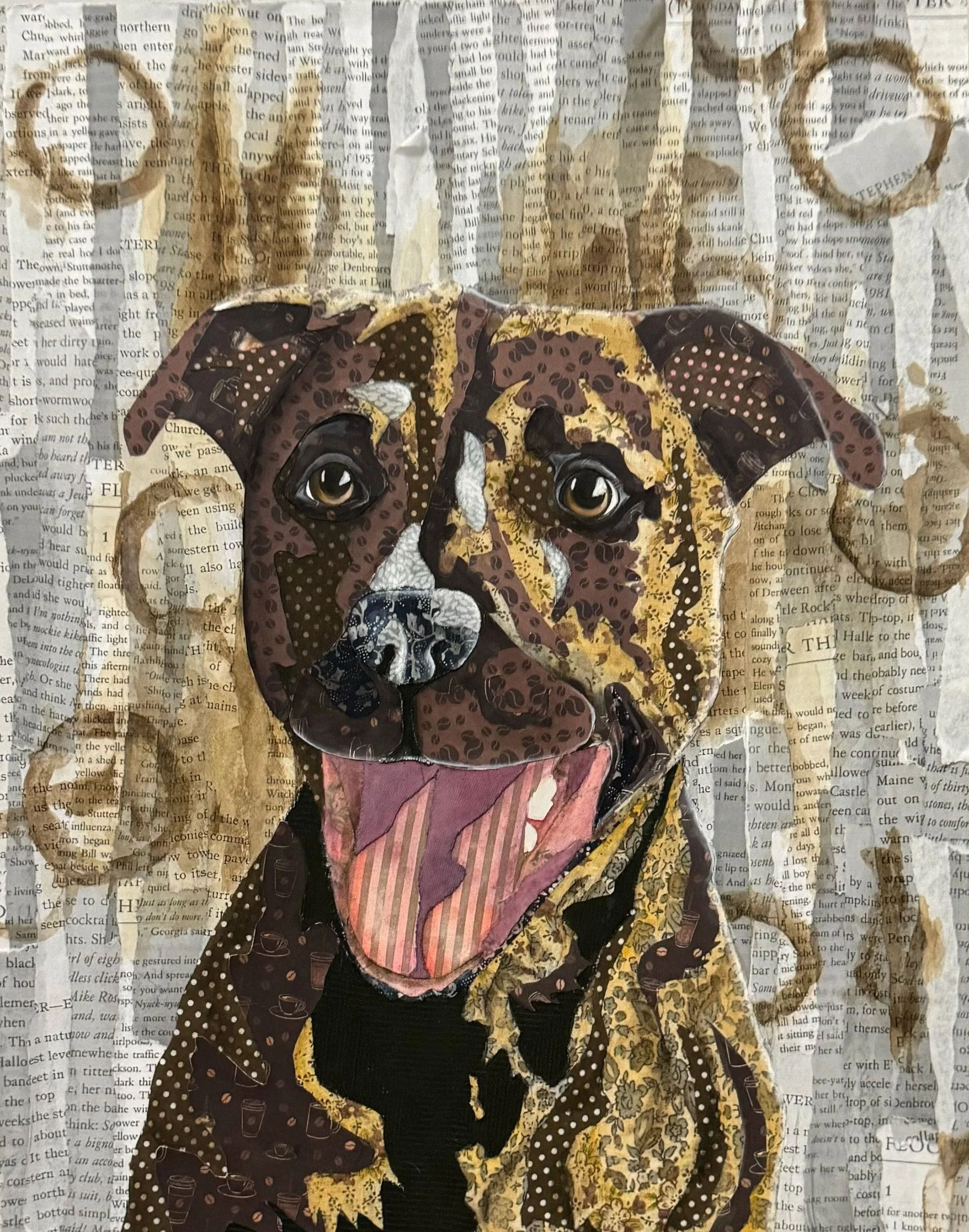 'Winston' (commission)
Dimensions: 16in x 20in
Materials: book pages, coffee grounds, fabric, paper, acrylic paint on wood panel