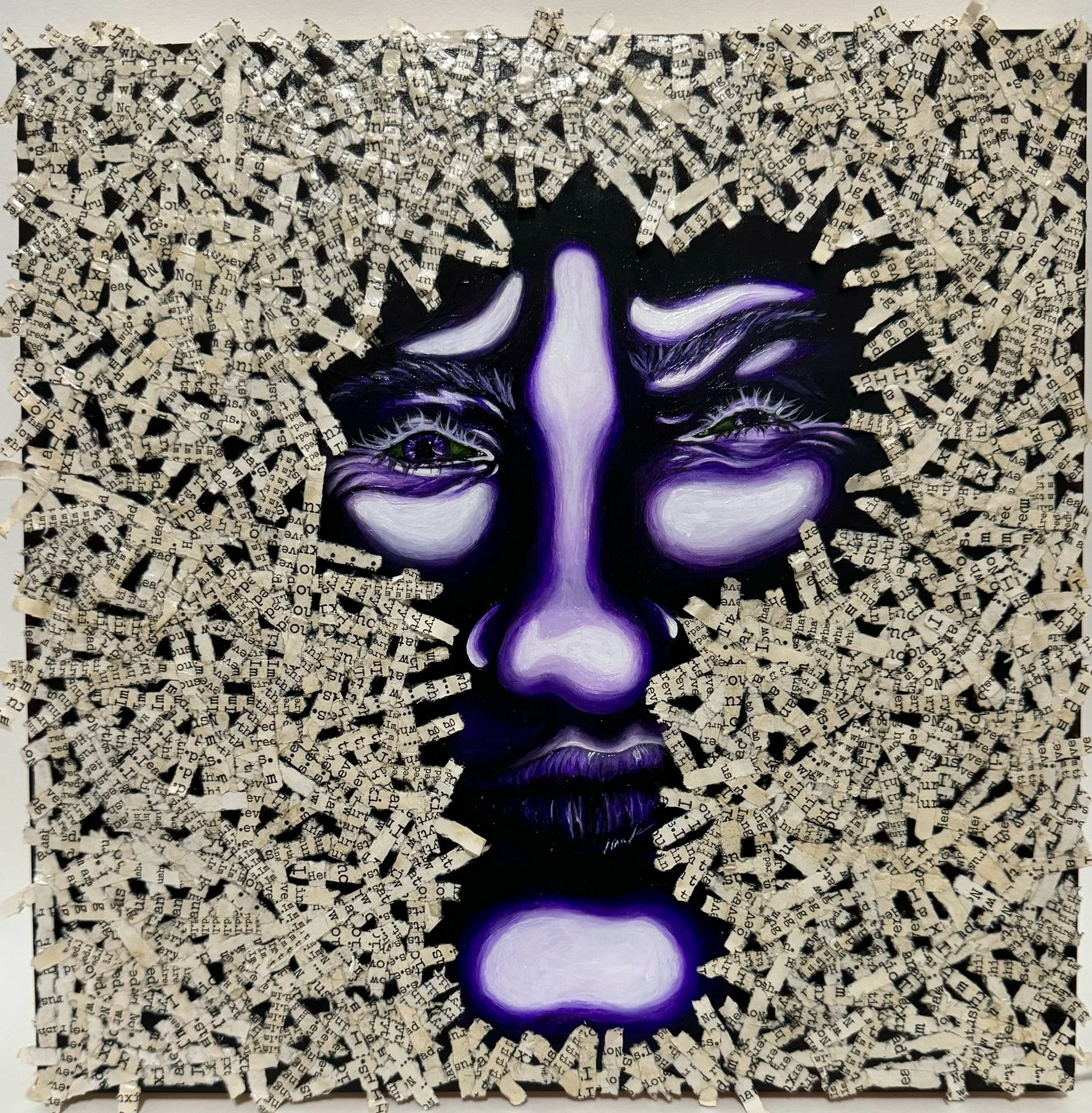 'Hidden in the Pages'
Dimensions: 12in x 12in x 1in
Materials: Acrylic Paint, coffee grinds, printed paper, paper shredder on wood board