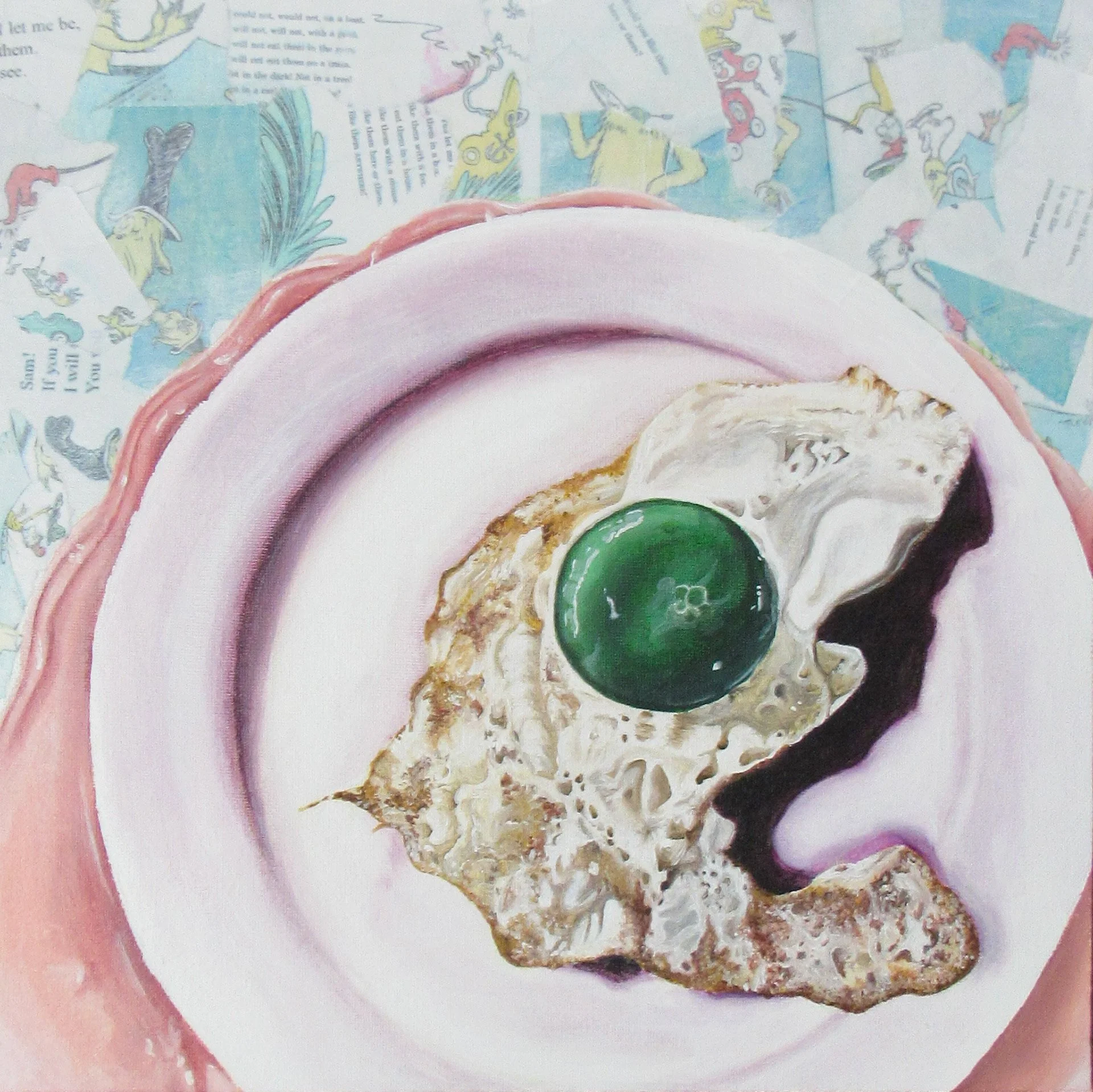 'I Don't Like Green Eggs''
Dimensions: 12in x 12in
Materials: Acrylic Paint, book pages on canvas
