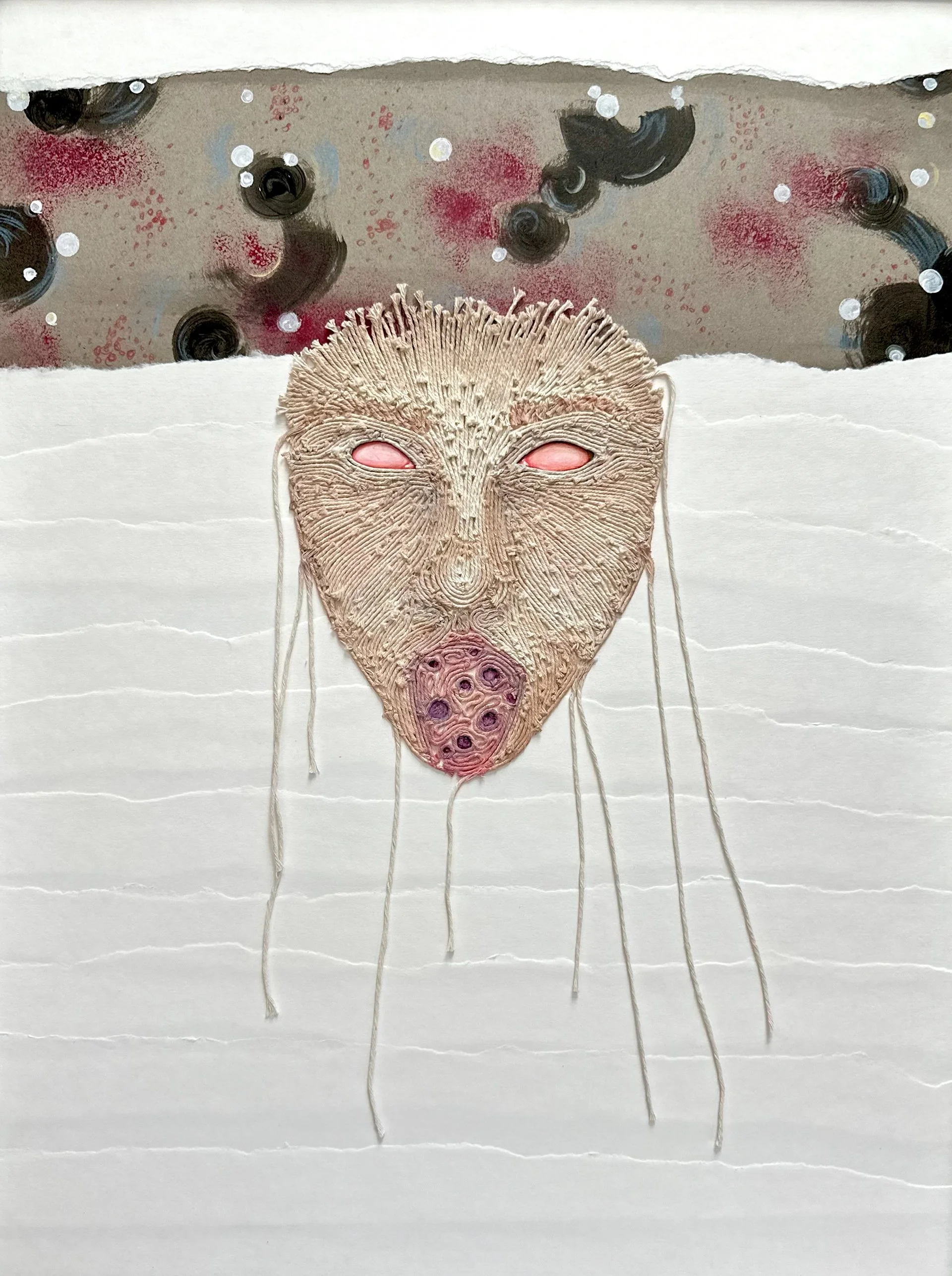 'Guts in the Brain'
Dimensions: 18in x 24in
Materials: Acrylic Paint, paper, color pencil, string, fabric glue, sponges, and watercolor on chip board