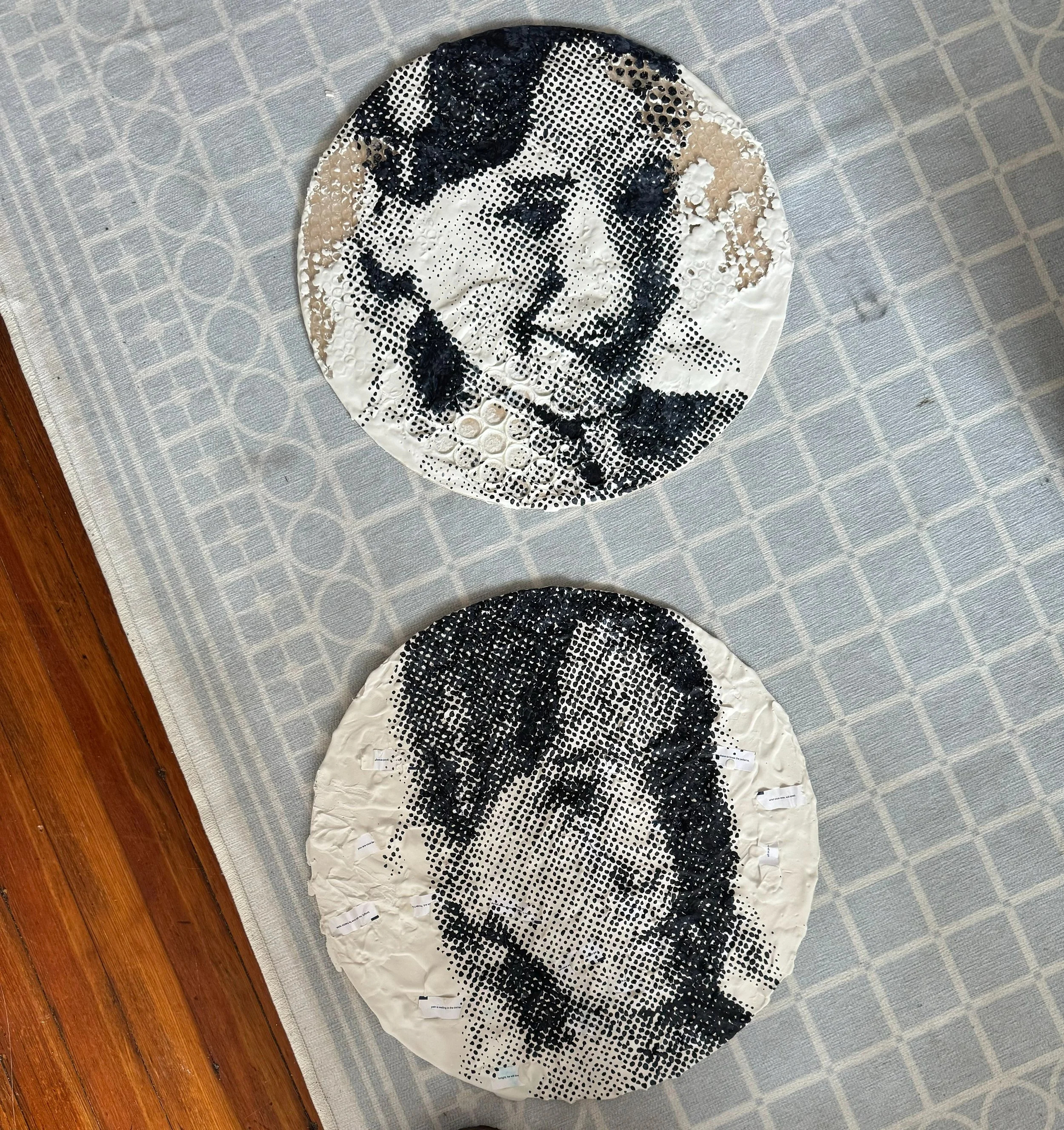 'Don't Burst My Bubble'
Dimensions: 18in
Materials: Acrylic Paint, plaster, bubble wrap, cotton paper on wood panel
'Good Fortune Comes to Those Who Wait, but I Don't Want to Wait!'
Dimensions: 18in
Materials: Acrylic Paint, plaster, fortune cookie s