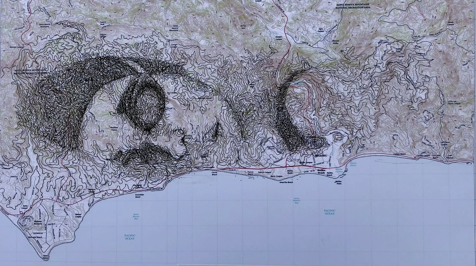 'Open Waters'
Dimensions: 17in x 22in
Materials: Black pen on a map of the coast of California