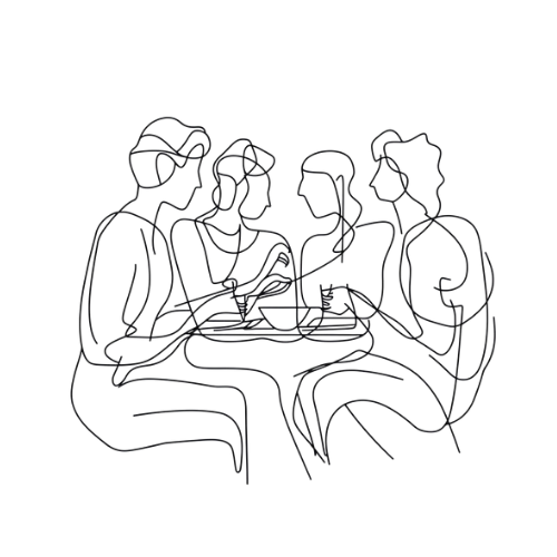 Line drawing of four people sitting at a table, engaged with a laptop or tablet.