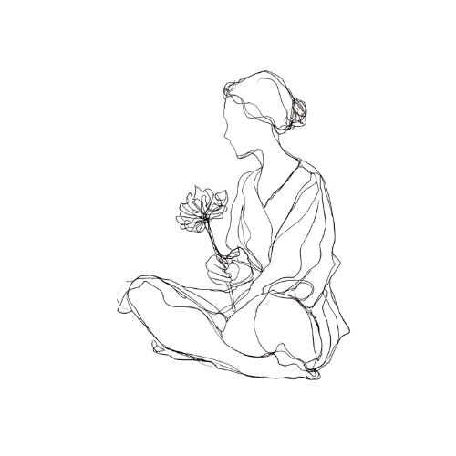 Outline of a girl sitting cross-legged and holding a flower in her hands, with her hair tied up.