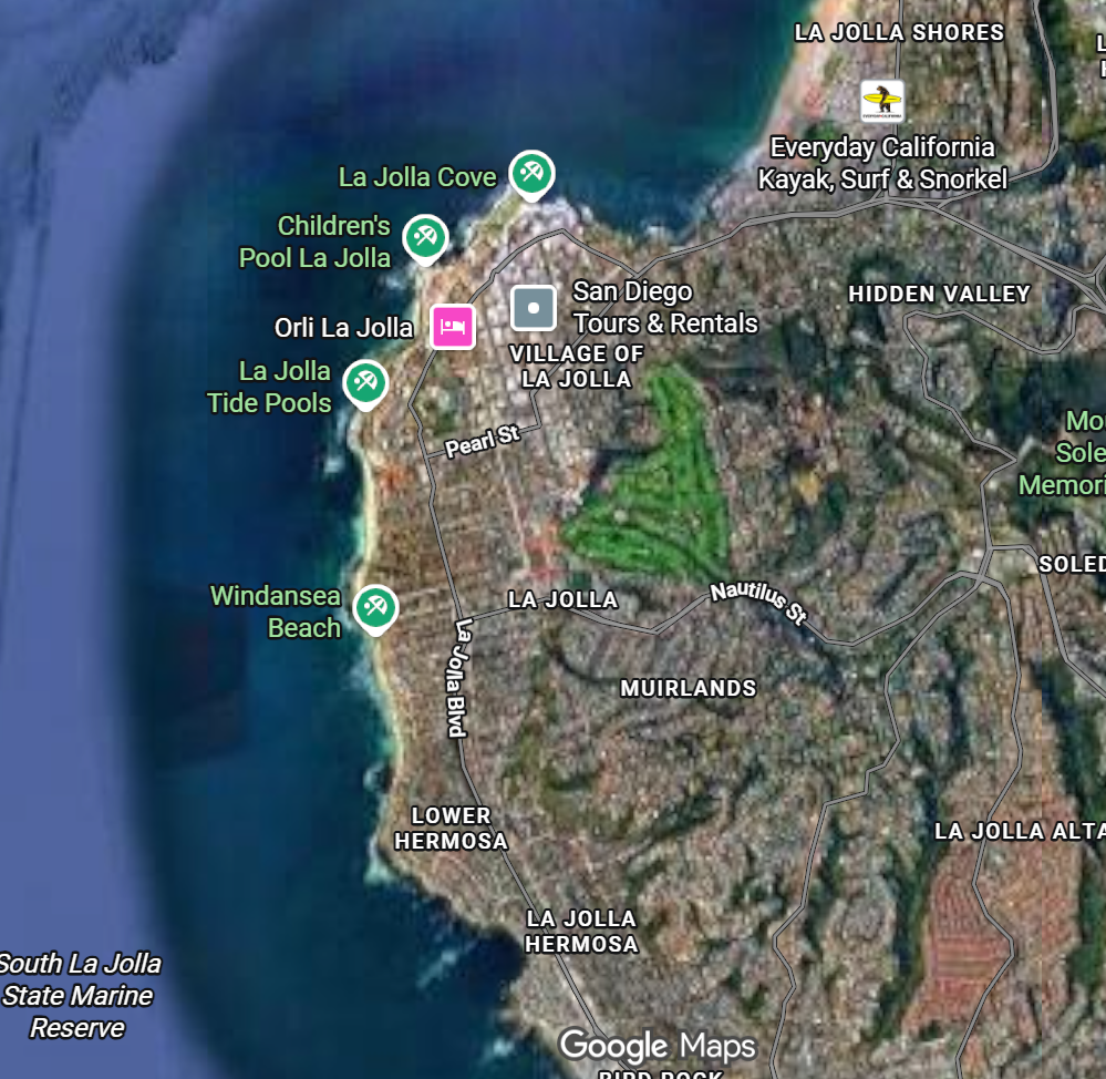 Map of La Jolla, California showing beaches, parks, and local attractions including Windansea Beach, La Jolla Cove, Children's Pool La Jolla, La Jolla Tide Pools, and community areas like La Jolla Hermosa, Muirlands, and Village of La Jolla.