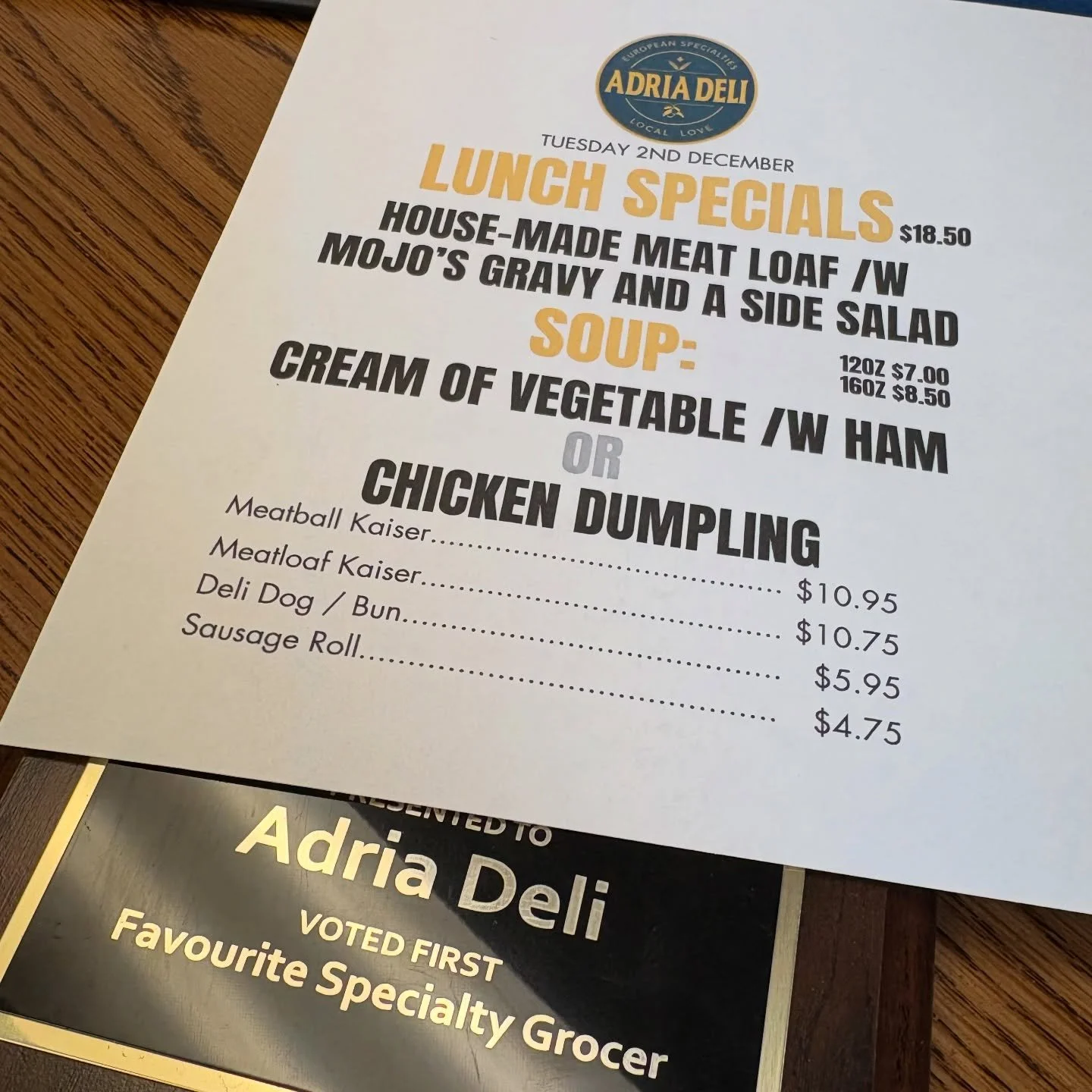 ✨ Lunch Special at Adria Deli! ✨

Today we&rsquo;re serving up our house made meatloaf with crispy mojos, rich gravy and a fresh side salad. The perfect comfort meal for a chilly day.

Our soups are steaming hot and ready
&bull; Cream of Vegetable an