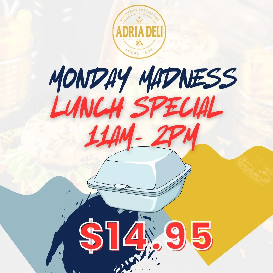 🔥 MONDAY MADNESS AT ADRIA DELI 🔥

Lunch for $14.95 every Monday!

Tomorrows lunch feature:
Pulled pork sandwich on a fresh Portuguese bun topped with fresh mango salsa, served with a side of crispy mojos.

Hot, fresh, and ready to go. Perfect worke