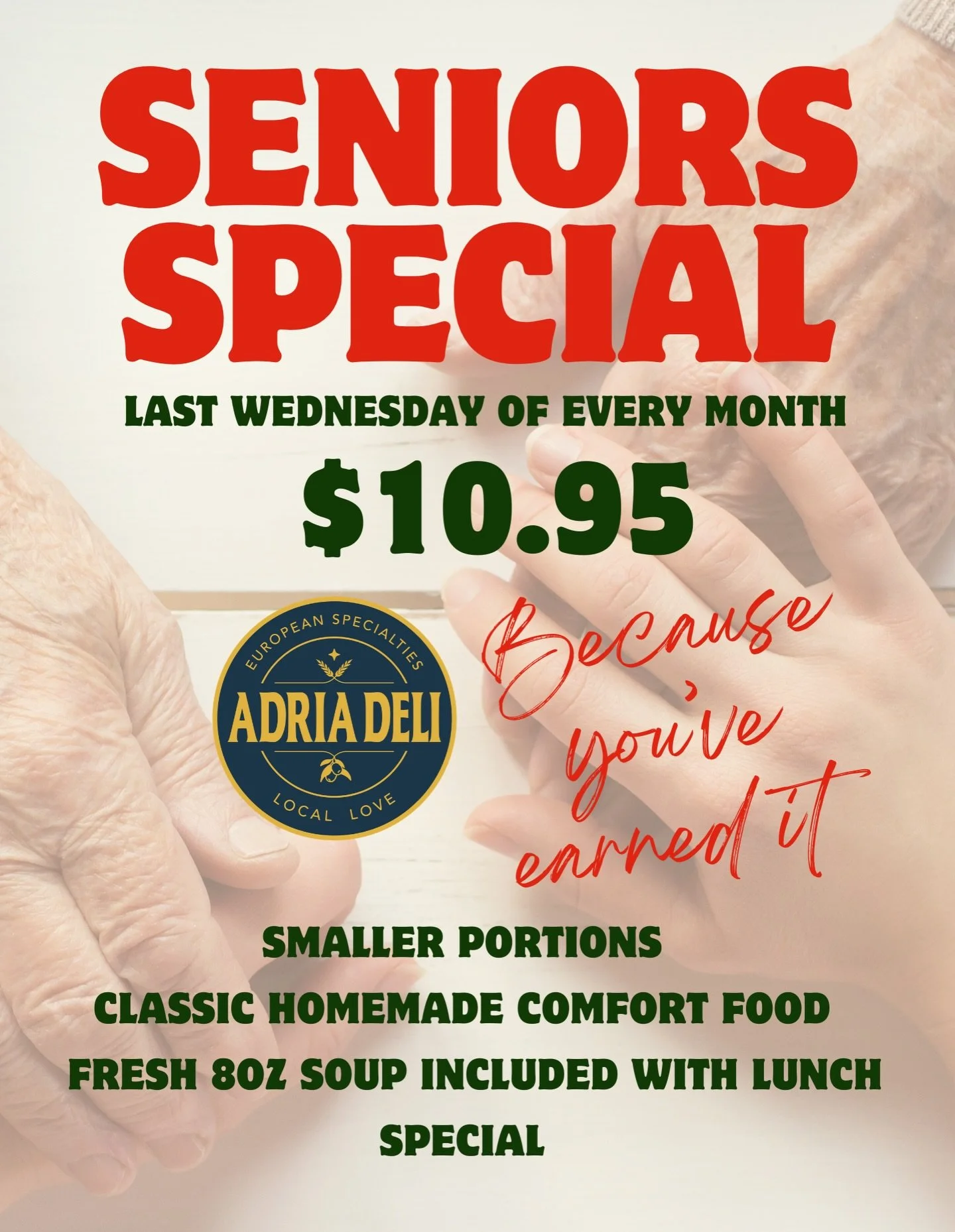 🚨SENIORS DAY TOMORROW🚨 Join us on the last Wednesday of every month for our seniors lunch special (60+) 

Regular portion sizes available too 

We&rsquo;re serving Shepards pie tomorrow along with a free 8oz soup for only $10.95! 

Lunch served fro