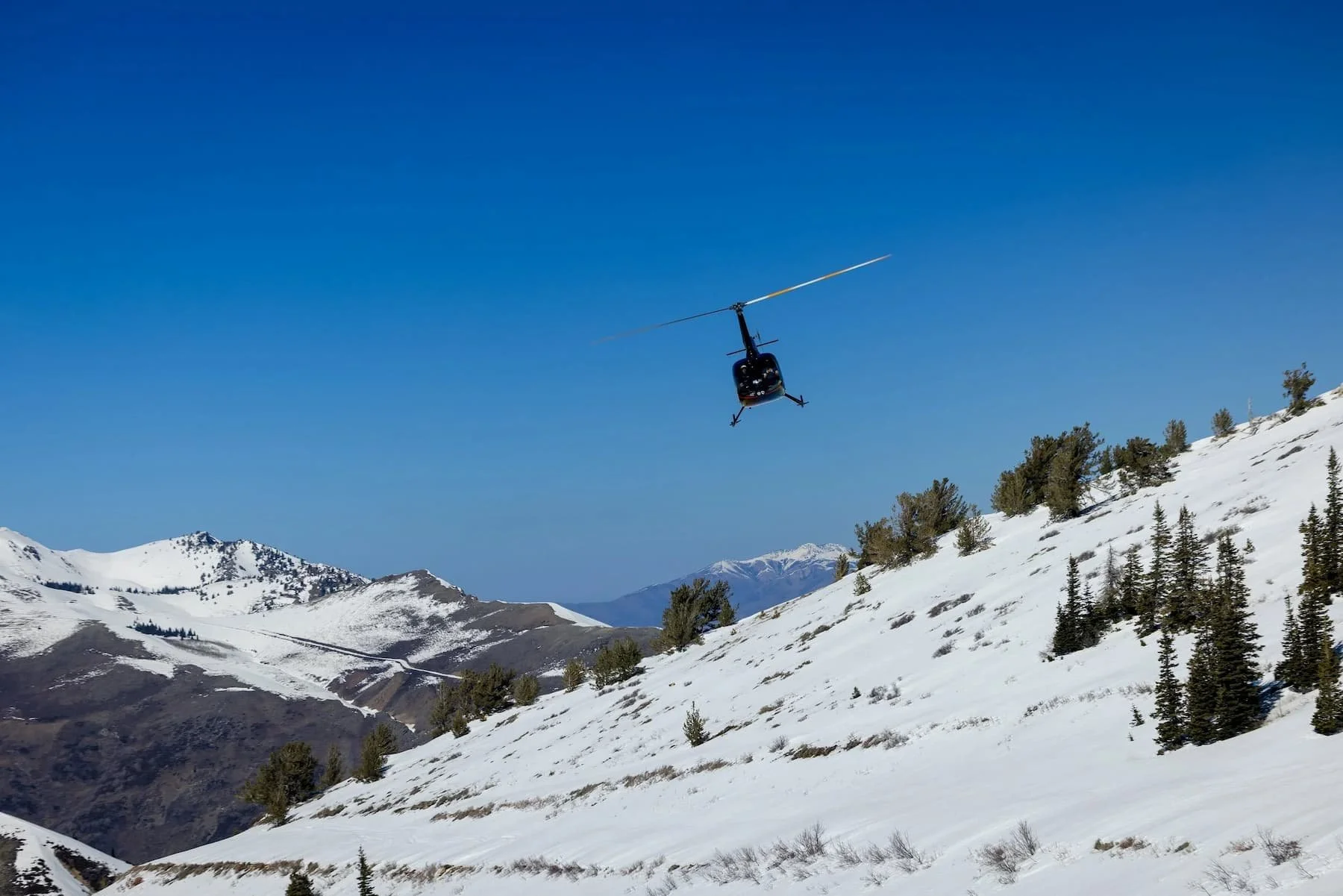 Passengers seated inside the helicopter enjoying scenic views during a flight.