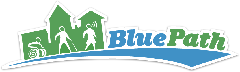 BluePath logo: Text, "BluePath" is on a blue street with 3 folks traveling down it, one in a wheelchair and one with a cane. Green buildings are behind them.