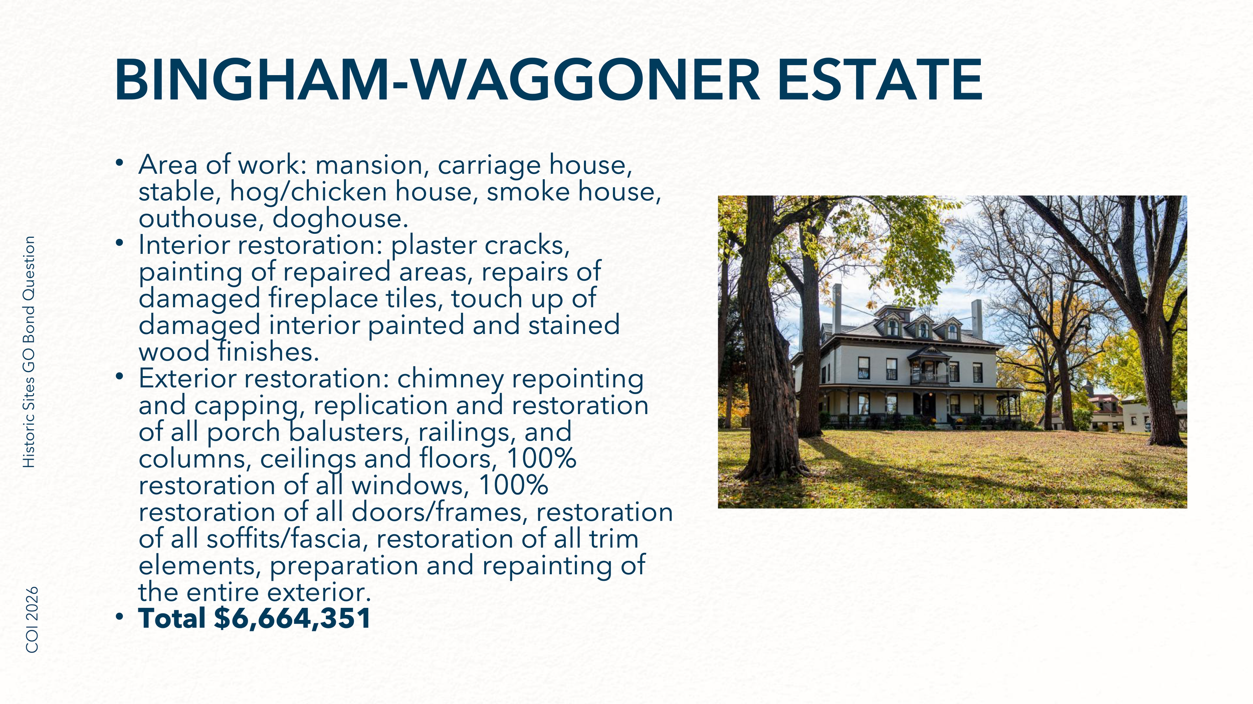 Presentation slide titled 'Bingham-Waggoner Estate' with bullet points about restoration work, including interior and exterior repairs, and a photograph of a historic house surrounded by trees with colorful autumn leaves.