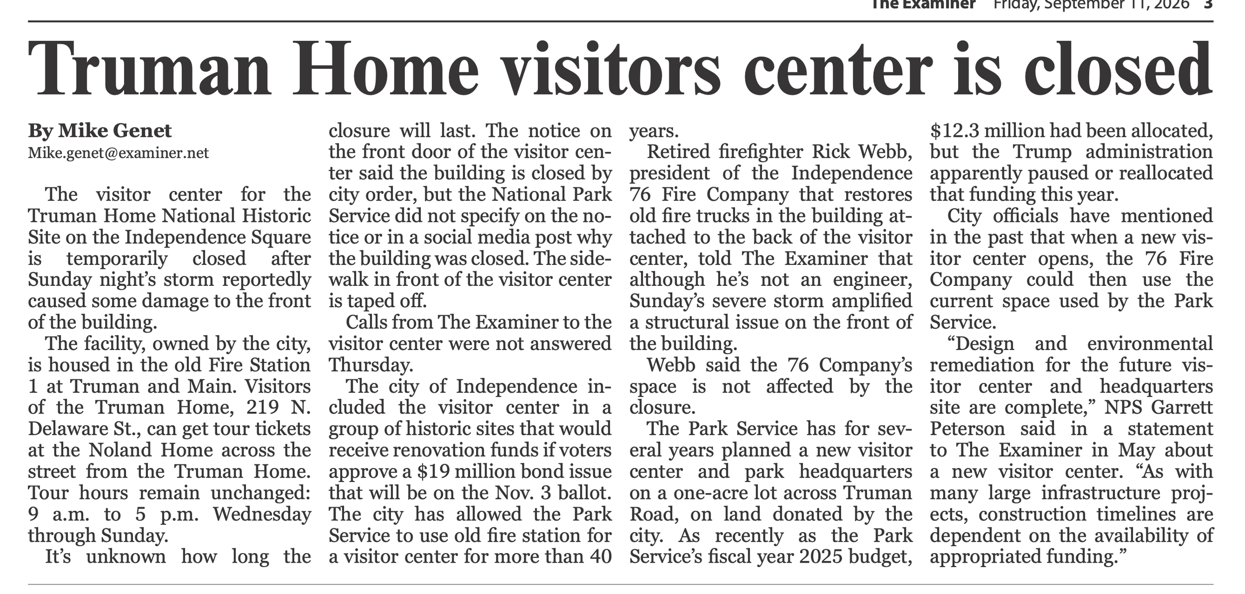 News article titled 'Truman Home visitors center is closed' by Mike Genet, published on September 11, 2026, with columns of text about the visitor center closure and related events.