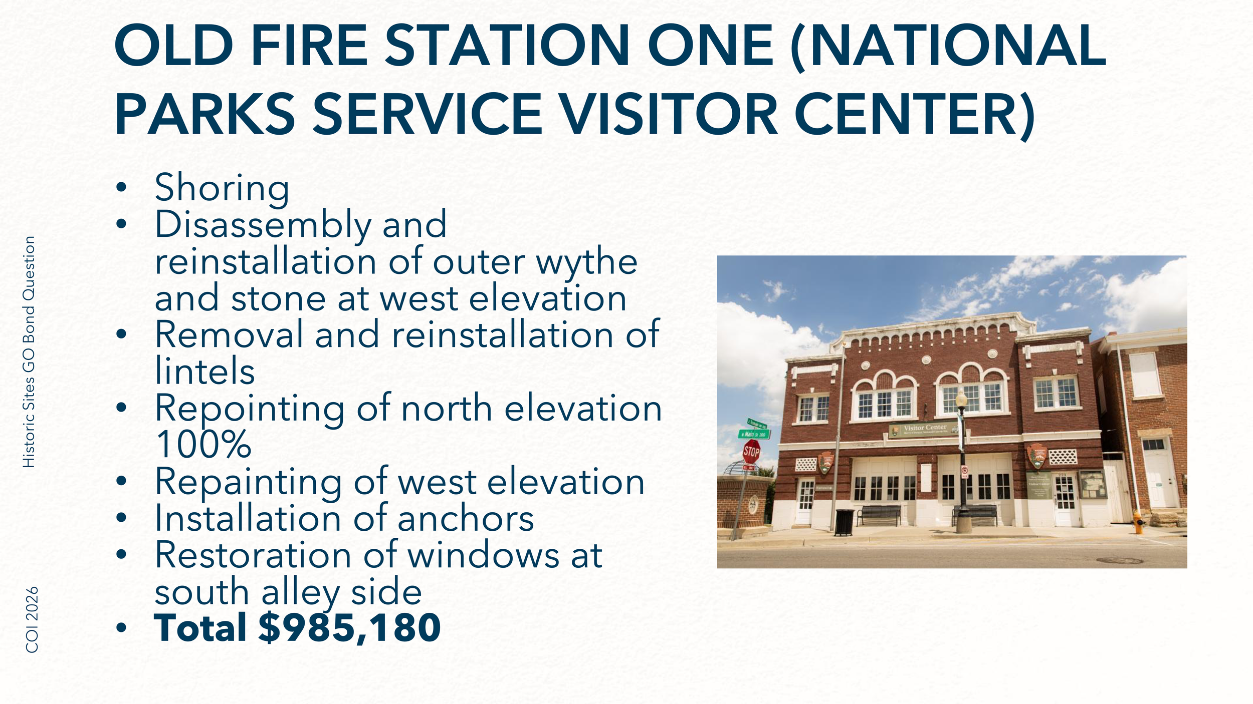 Sign for Old Fire Station One, a historic building used as the National Parks Service Visitor Center. The sign highlights services like shoring, disassembly, and reinstallation of exterior stone, window restoration, and other preservation tasks. The building has a brick facade with decorative arched window trim, and the photo shows a street scene with a stop sign, bench, and cloud-filled sky.