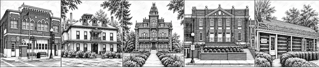 Black and white illustrations of five historic buildings, each with different architectural styles and detailed facades. From left to right, a building with arched windows, a Victorian house, a castle-like structure, a classical building with columns, and a small train station.
