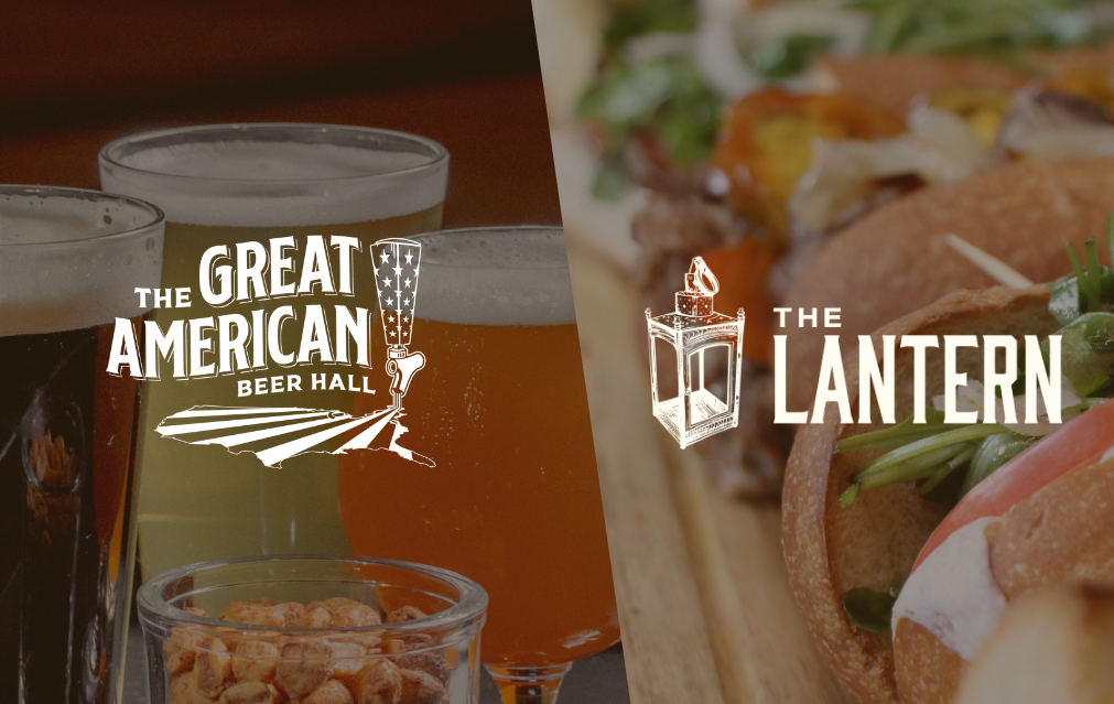 A split image showing different food and drink establishments. The left side features three glasses of beer and a bowl of peanuts with the logo of 'The Great American Beer Hall,' while the right side shows a close-up of tacos with the logo of 'The Lantern'.