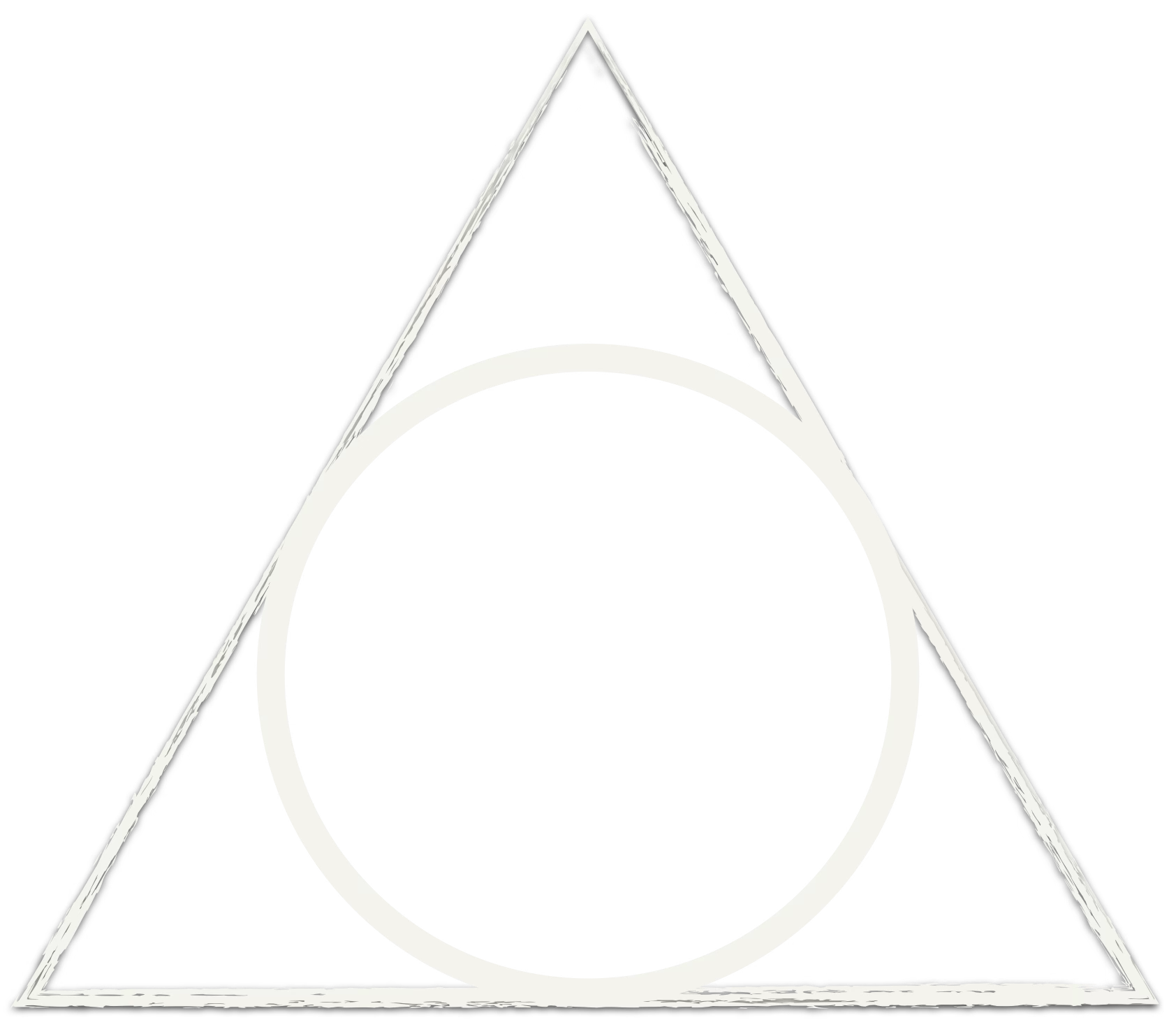 A black background with white geometric shapes: a large triangle, a smaller triangle inside it, and a circle inside the smaller triangle.