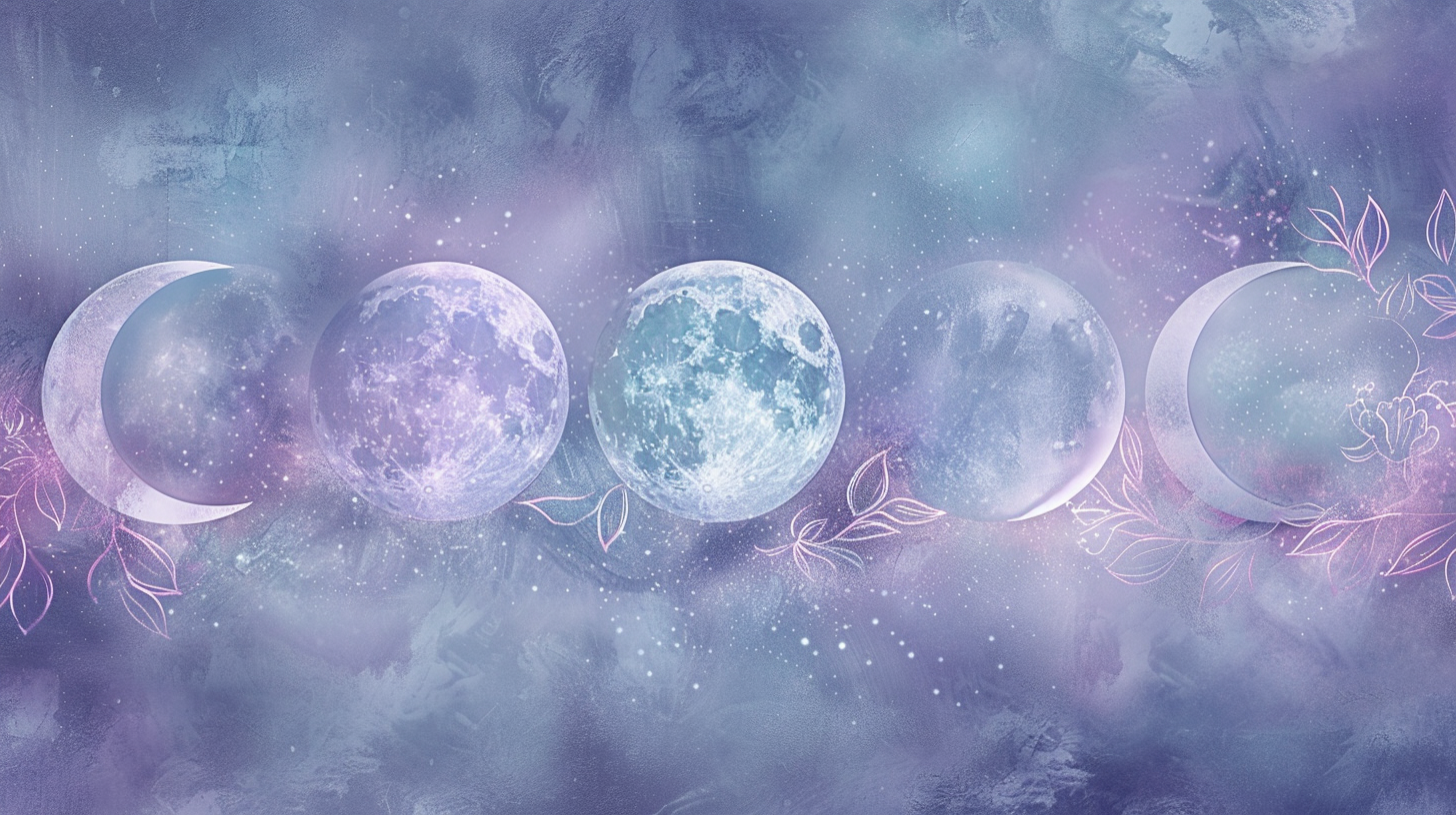 Artwork depicting the moon phases from waxing crescent to full moon to waning crescent, set against a purple and blue cosmic background with stars and line-drawn floral accents.