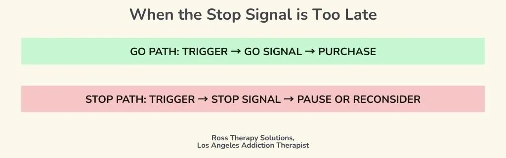 An infographic showing the "go" and "stop" impulse tracks. The Go Path is trigger, go signal, and purchase. the Stop path is trigger, stop signal, and pause or reconsider.