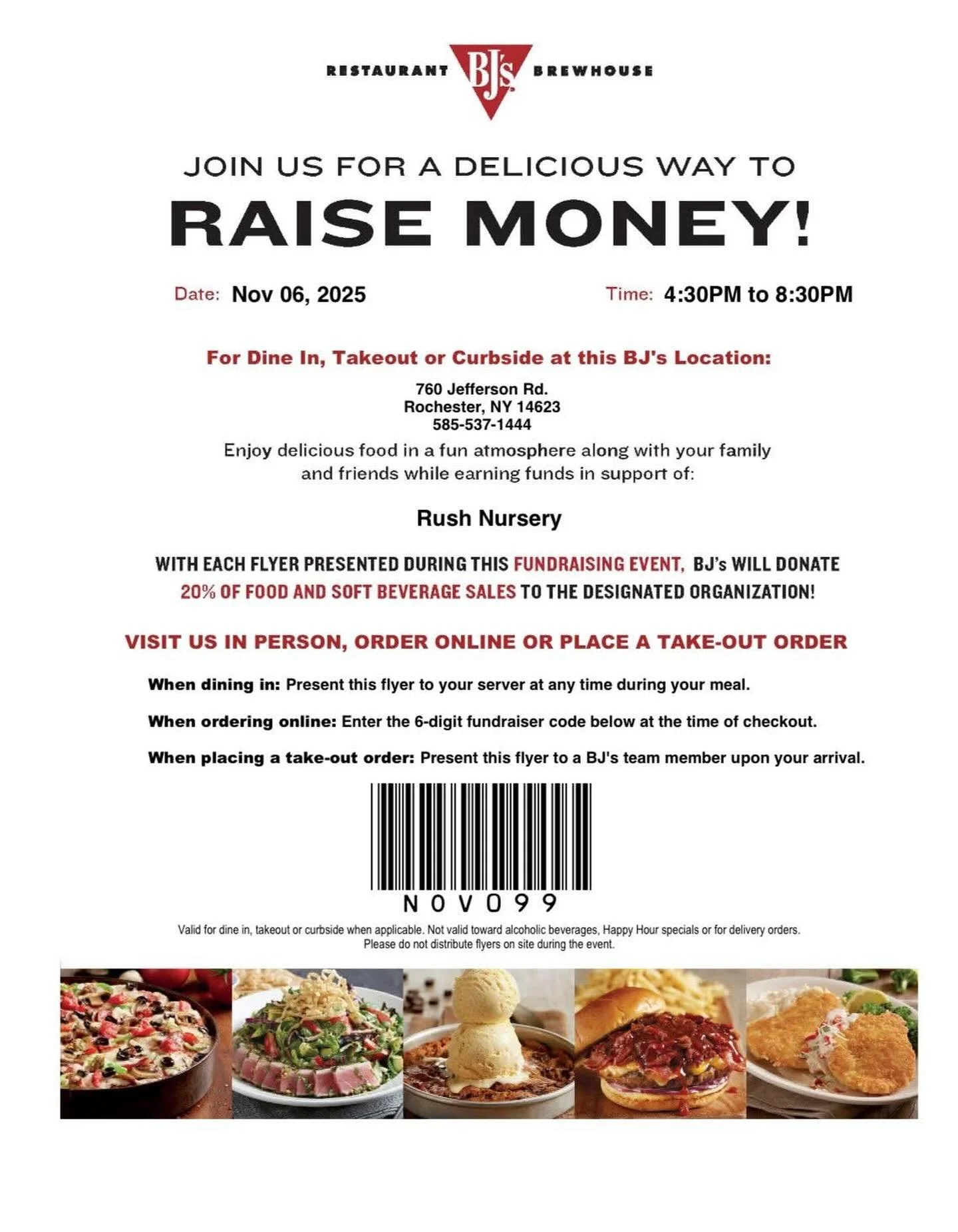 Why cook next Thursday when you can dine out AND help Rush Nursery School? Join us at BJ&rsquo;s Restaurant on November 6th from 4:30 &ndash; 8:30 PM! Just show our flyer (digital or printed) when you dine in or carry out. Ordering online? Use code N