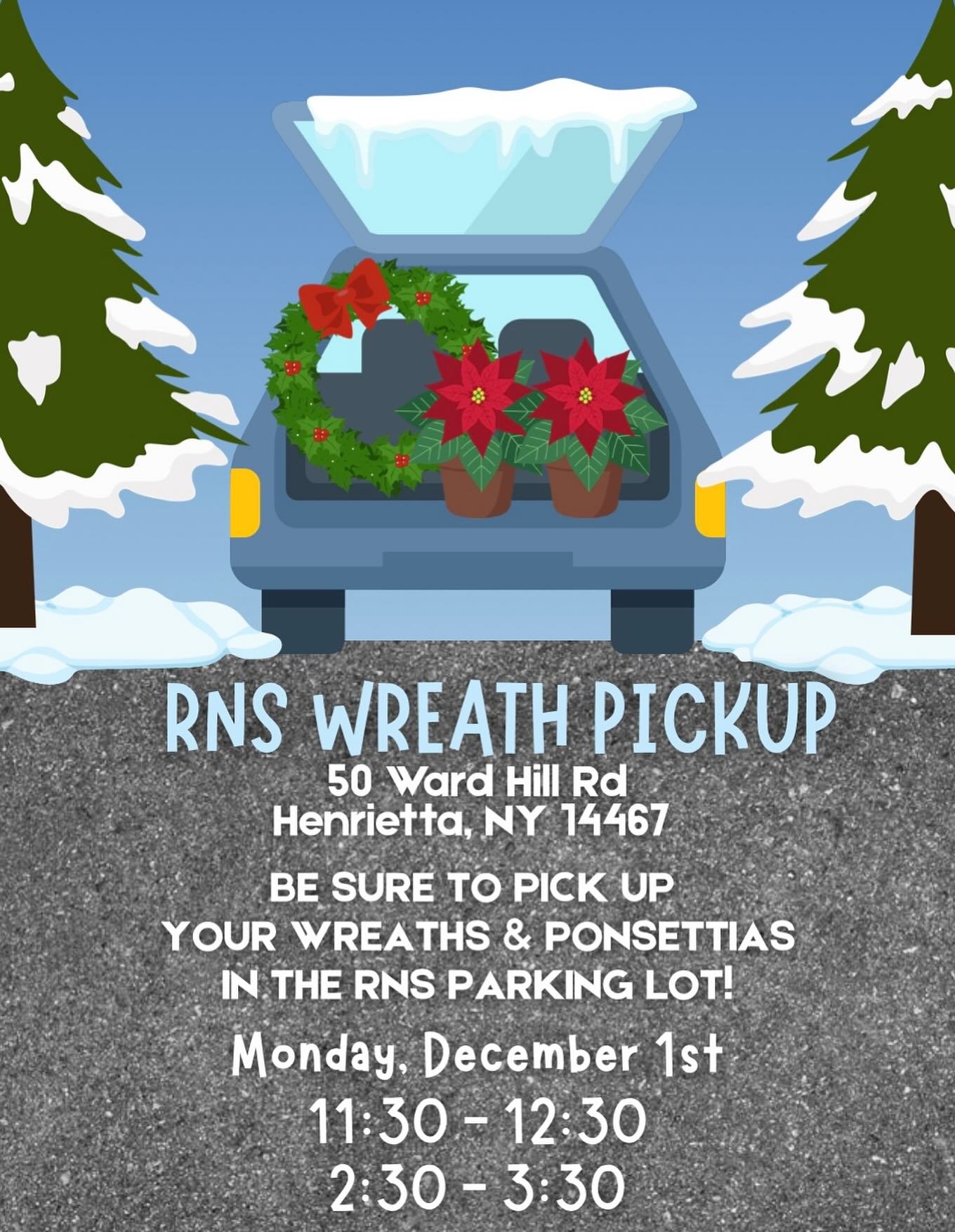 📣 Our wreath &amp; poinsettia pickup is tomorrow, Monday, December 1, in the Rush Nursery School parking lot (50 Ward Hill Rd).

⏰ Pickup times: 
11:30&ndash;12:30 **OR** 2:30&ndash;3:30 

See you tomorrow! 🎄❤️
