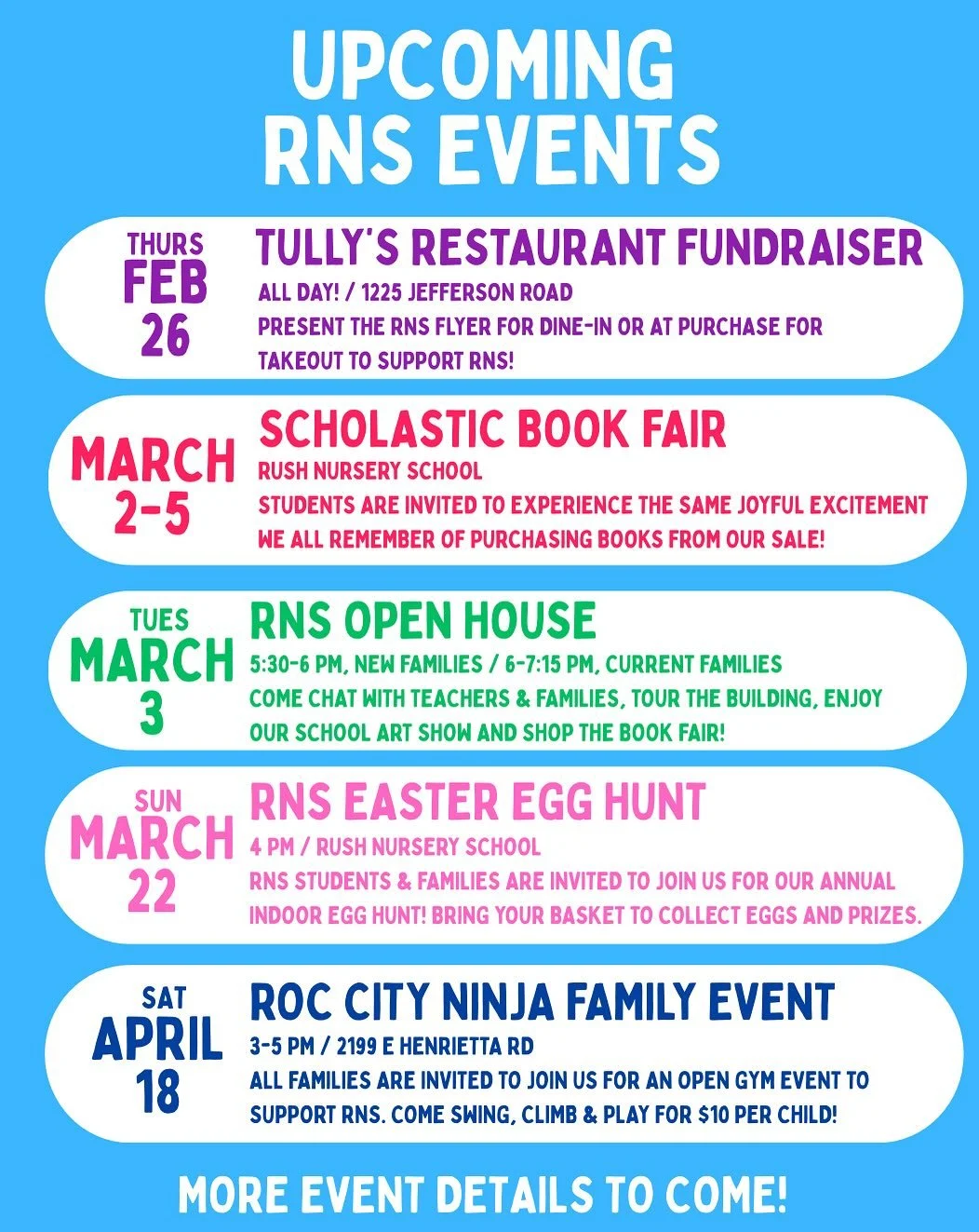 📣 Mark your calendars! 🗓️
Our upcoming family events are just around the corner and we&rsquo;d love to see you there! More info to come&hellip;🍔📚🐣🥷