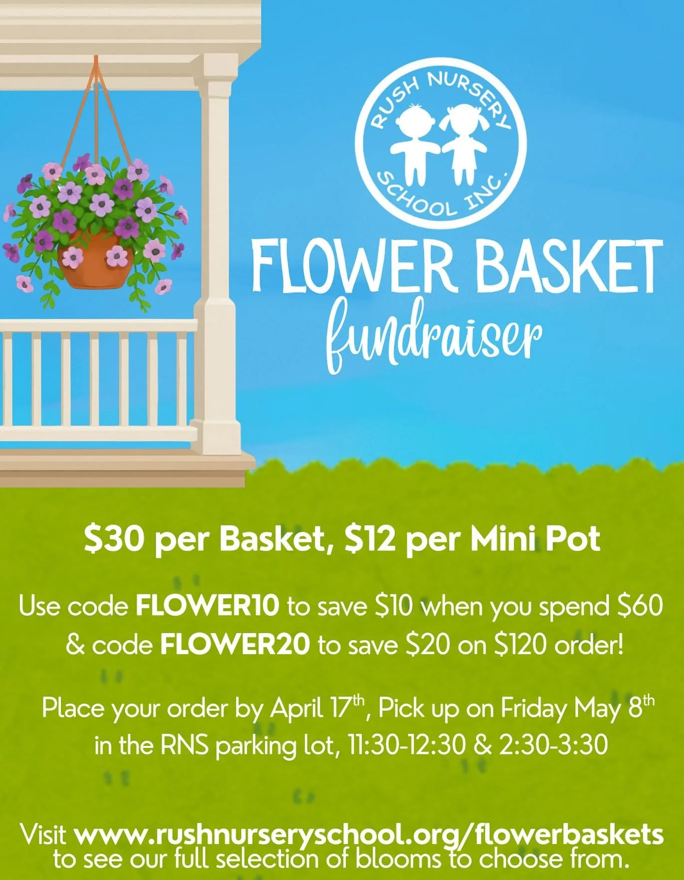 🌸 The RNS Annual Flower Sale is Here!

Bring home beautiful hanging baskets and mini pots from Chase&rsquo;s Greenhouse while supporting Rush Nursery School! Choose from vibrant impatiens, geraniums, petunias and assorted plants - the perfect Mother