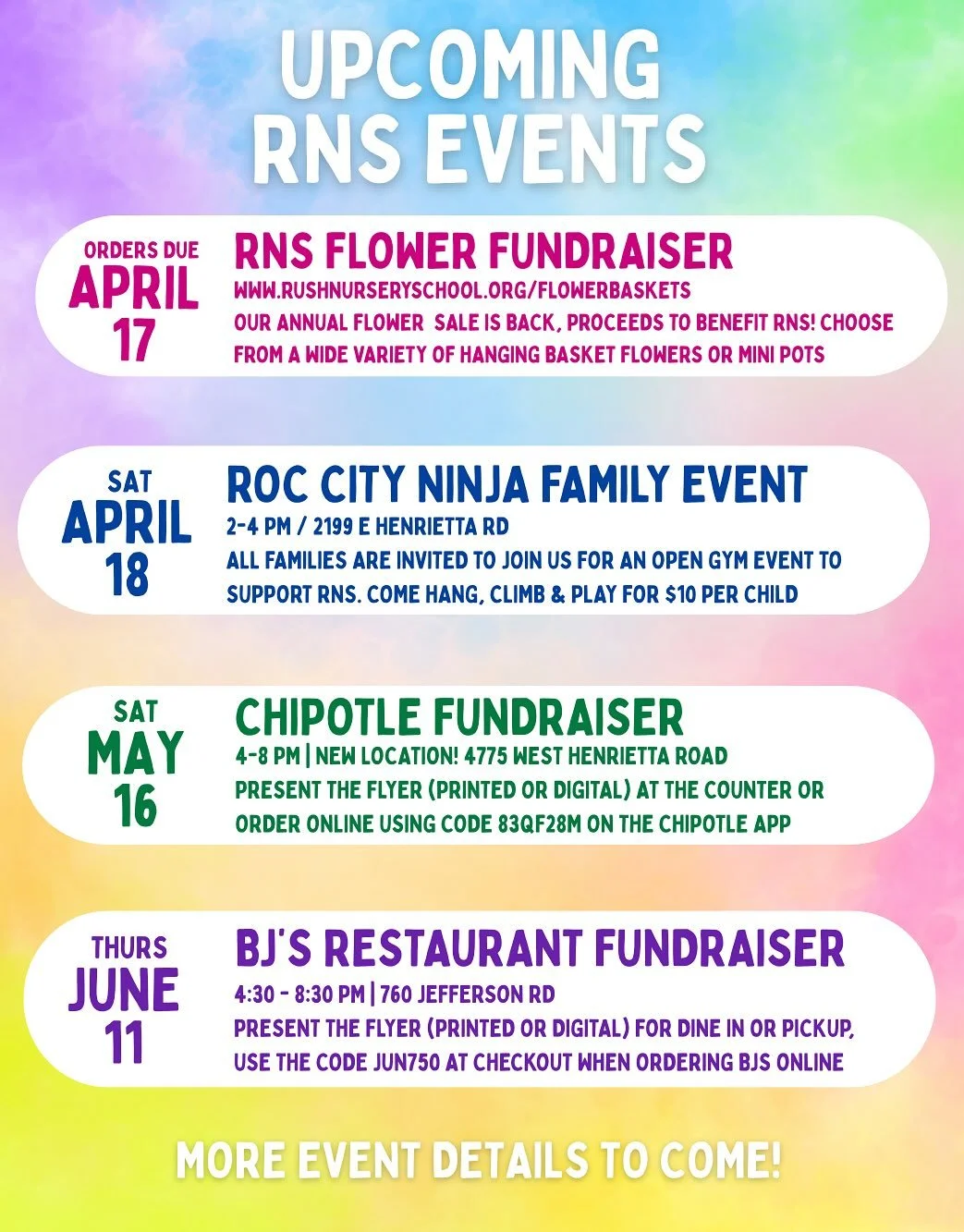 🗓️ Take a peek at what&rsquo;s coming up at Rush Nursery School and save the dates! 

🥷 Come hang with us! Sign up for our Family Climb &amp; Play @roccityninja on 4/18 here: https://goteamup.com/p/10726534-roc-city-ninja/courses/130621/

🌸 Our fl