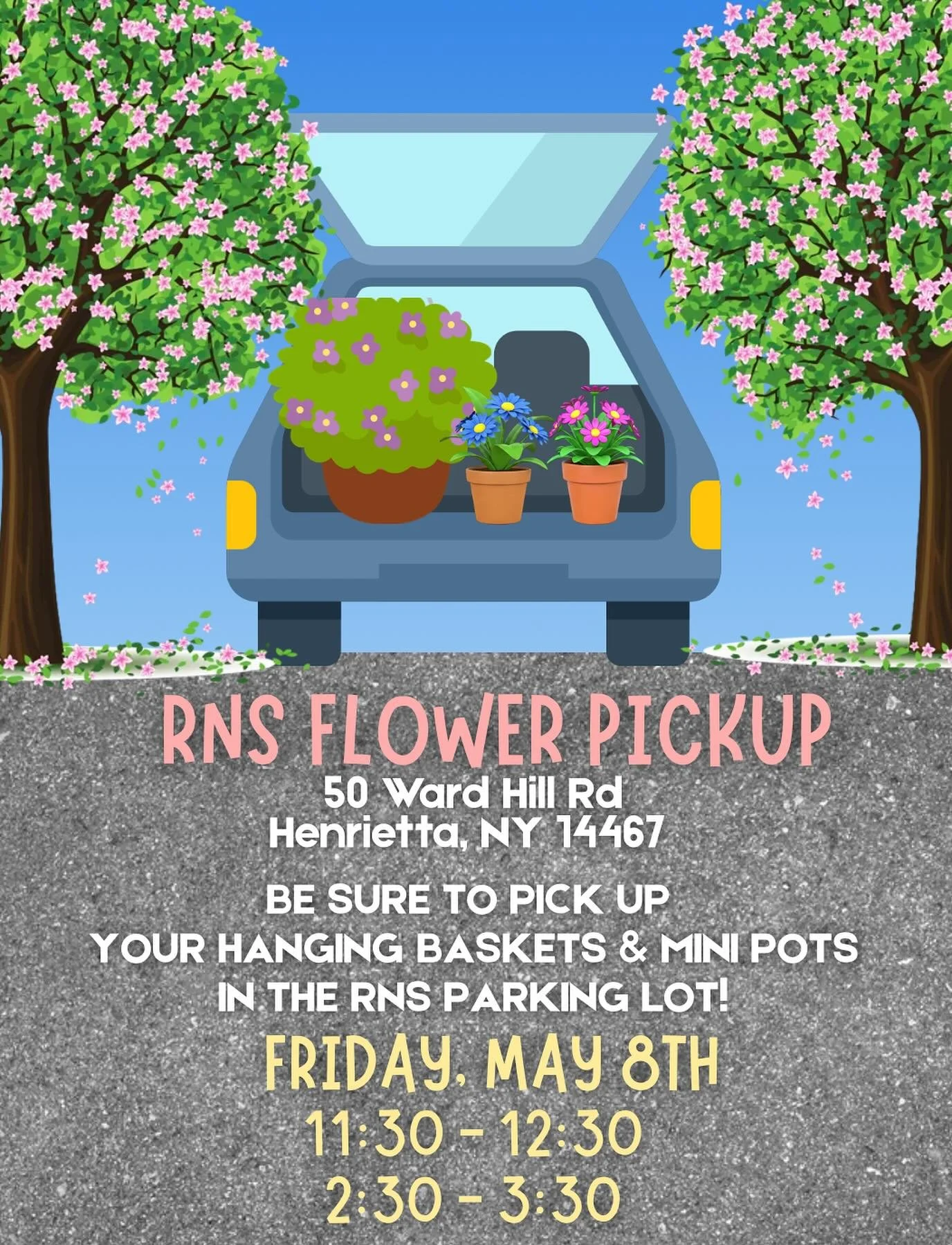 📣 REMINDER! Pickup for the RNS Flower Fundraiser is this Friday, May 8th from 11:30-12:30 or 2:30-3:30 in the parking lot. Thank you for supporting our school! 🌷