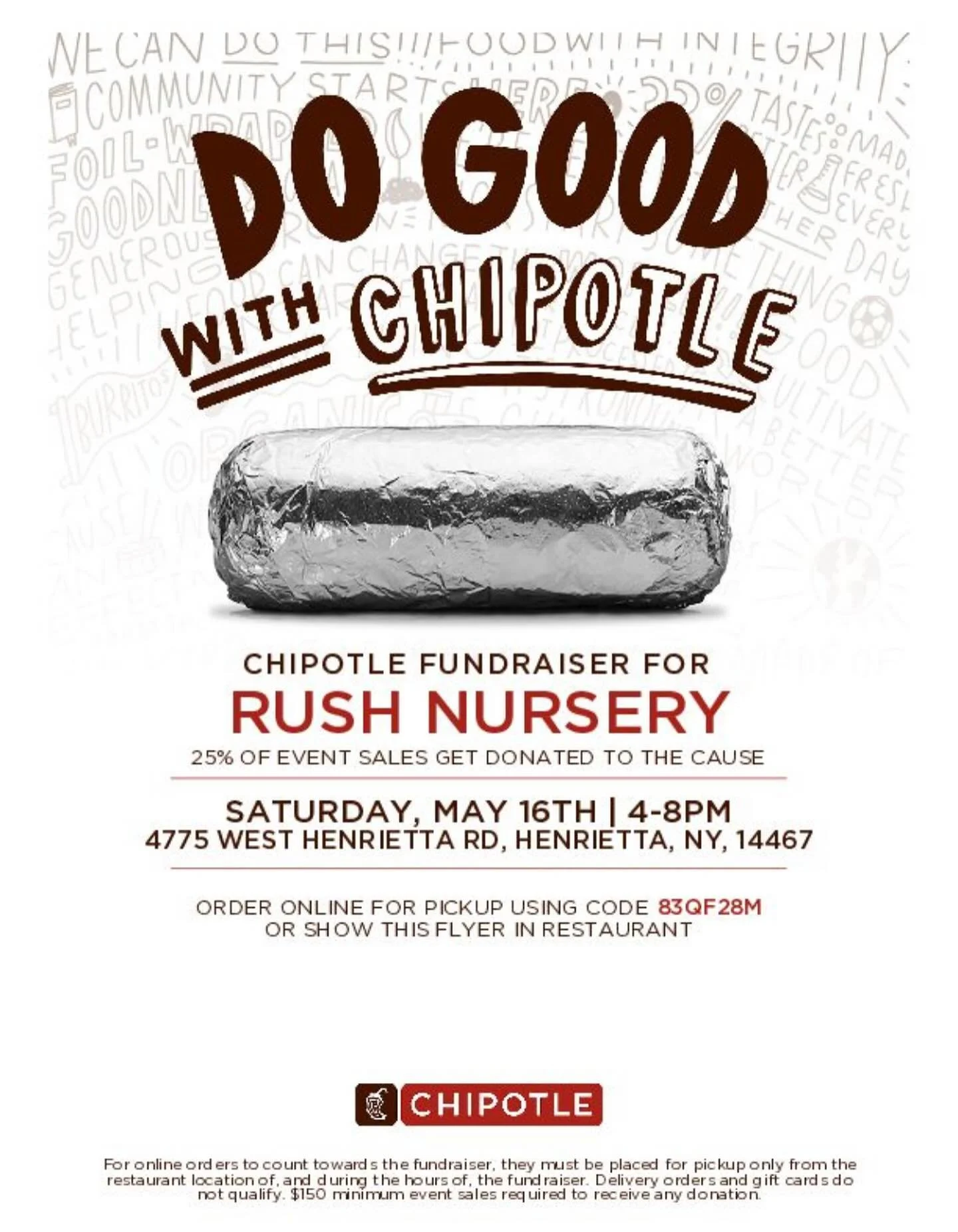 🌮 Our Chipotle fundraiser is this Saturday, 5/16 from 4-8 at the new West Henrietta Rd location! Show the flyer digitally in your phone at the counter or use the code 83QF28M on the Chipotle app when ordering online for pickup. 25% of your sale goes