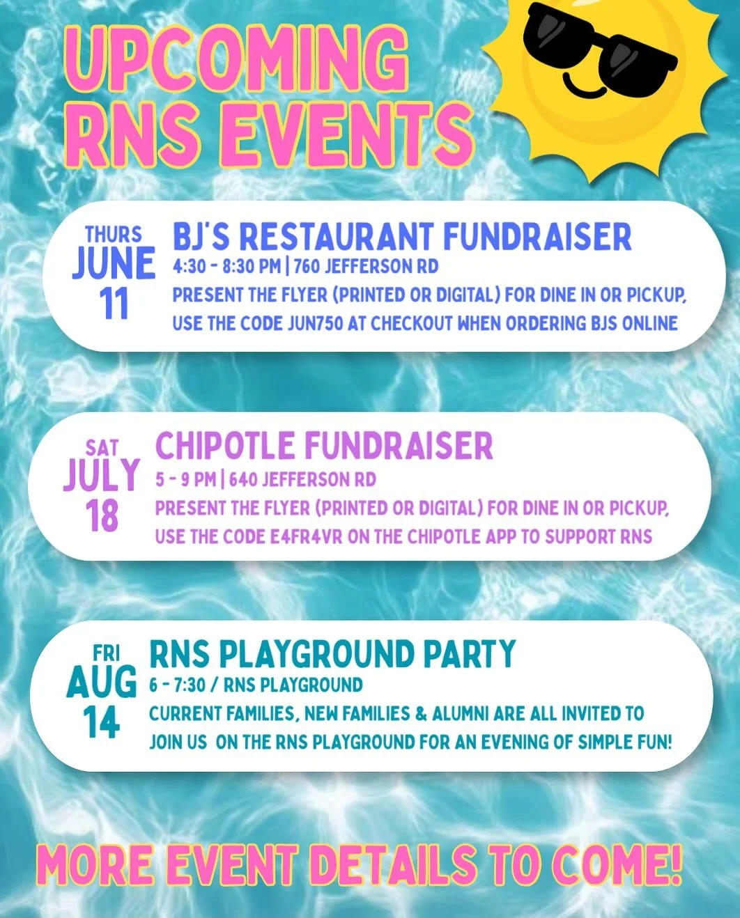 ☀️ Save the dates for some summer fun with RNS! 

We&rsquo;ve got two delicious fundraisers coming up:
🍔 BJ&rsquo;s Restaurant on Thursday, 6/11
🌯 Chipotle is rescheduled on Saturday, 7/18 at the tried and true Jefferson Road location! 

You dont w