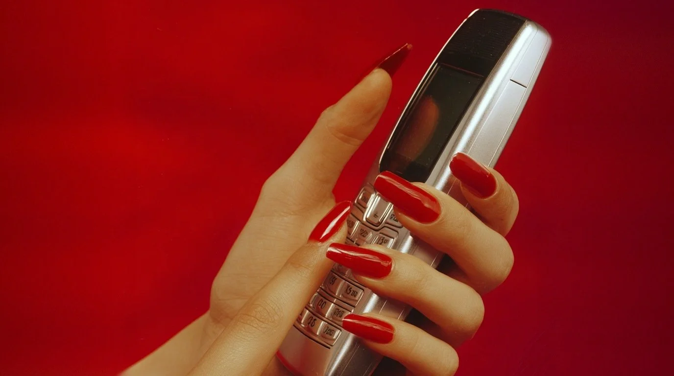 Hand with long red manicured nails holding a silver mobile phone