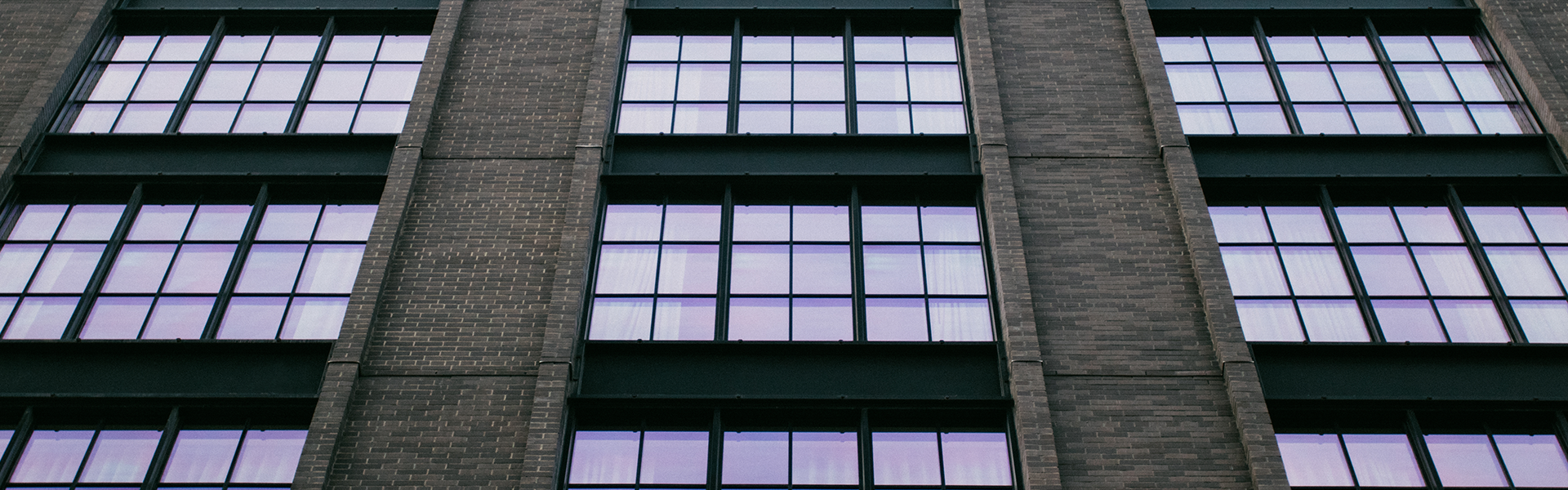 Close-up of a modern brick building with large, symmetrical, purple-tinted windows.