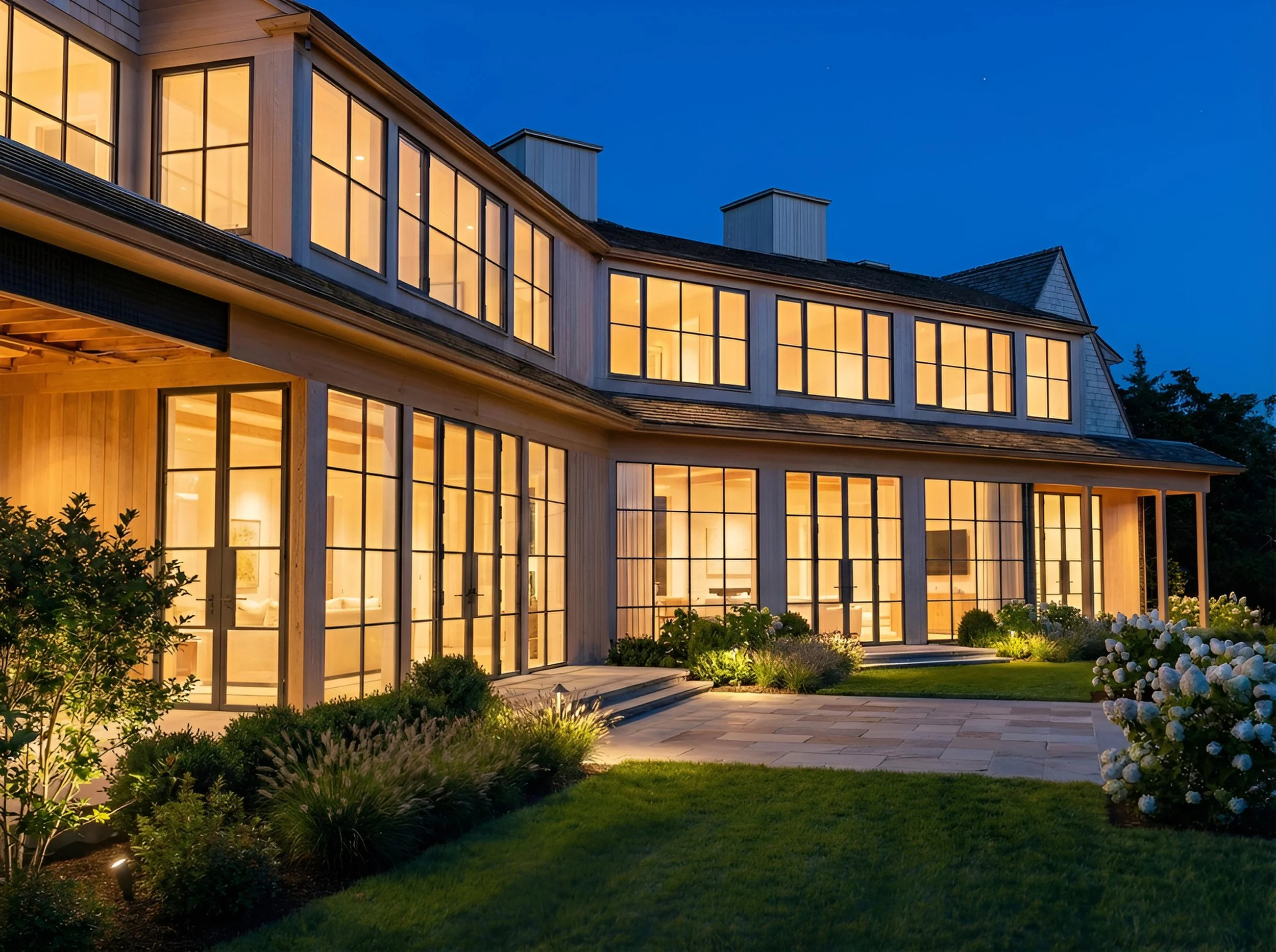 A modern two-story house with large glass windows illuminated from inside, surrounded by a well-manicured garden and pathway at dusk.