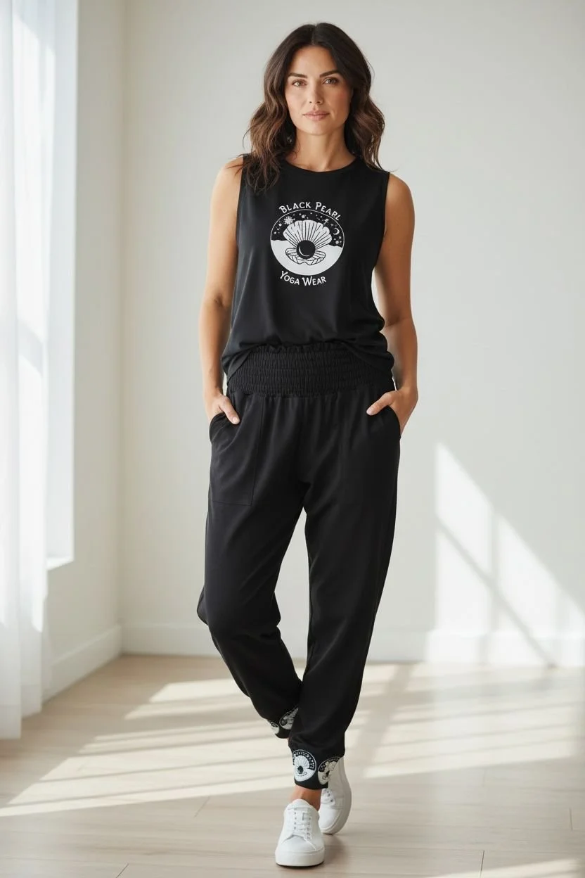 Woman wearing black sleeveless shirt with 'Black Pearl Yoga Wear' logo, black pants, and white sneakers, standing in brightly lit room.